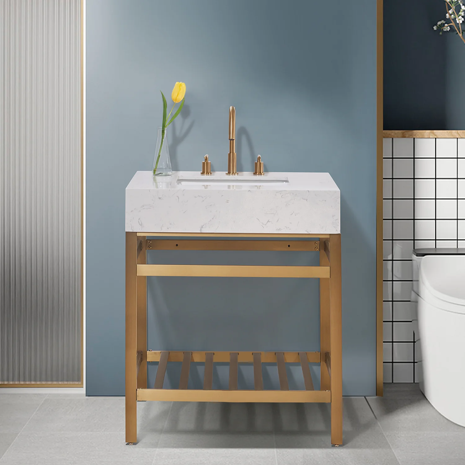 Altair Design Merano 30" Single Stainless Steel Vanity Console in Brushed Gold with Aosta White Stone Countertop - Image 7