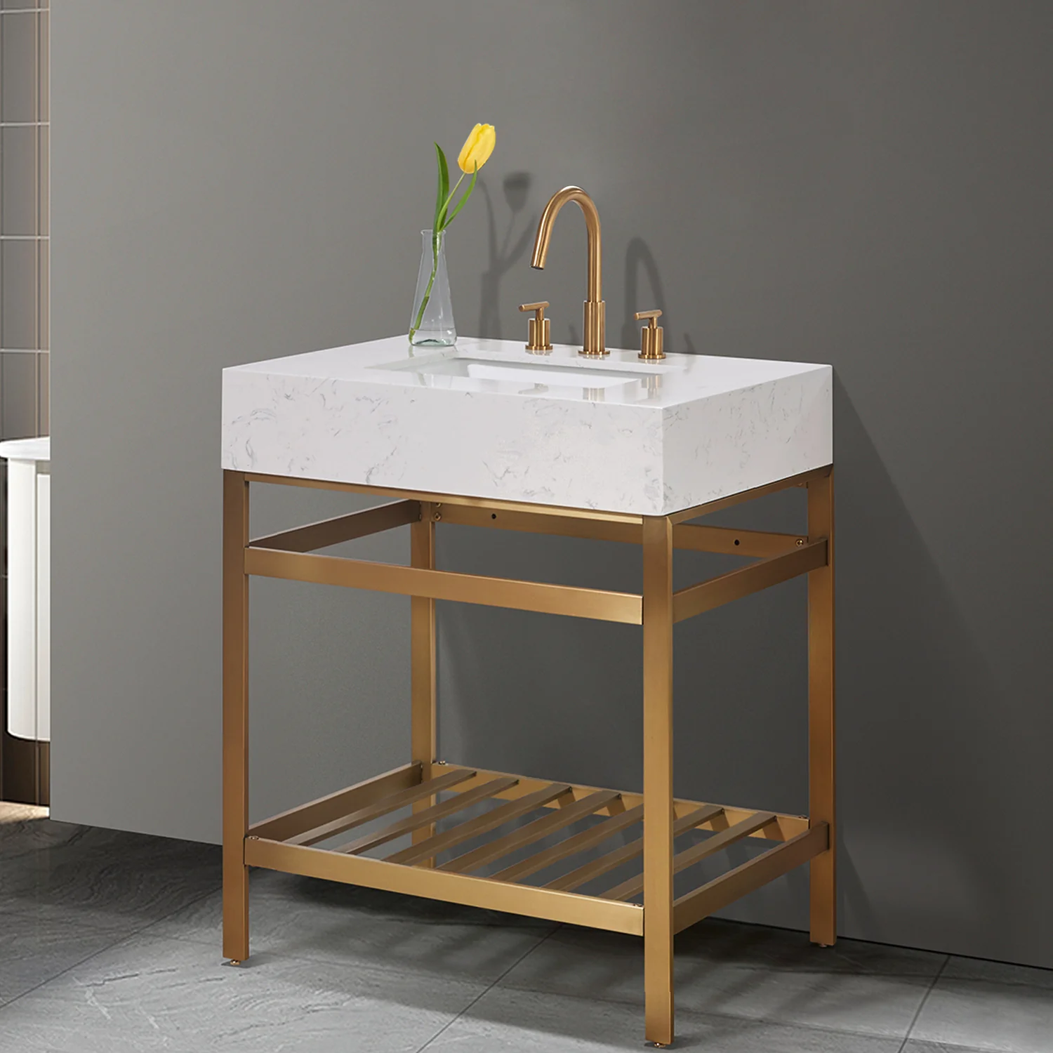 Altair Design Merano 30" Single Stainless Steel Vanity Console in Brushed Gold with Aosta White Stone Countertop - Image 9