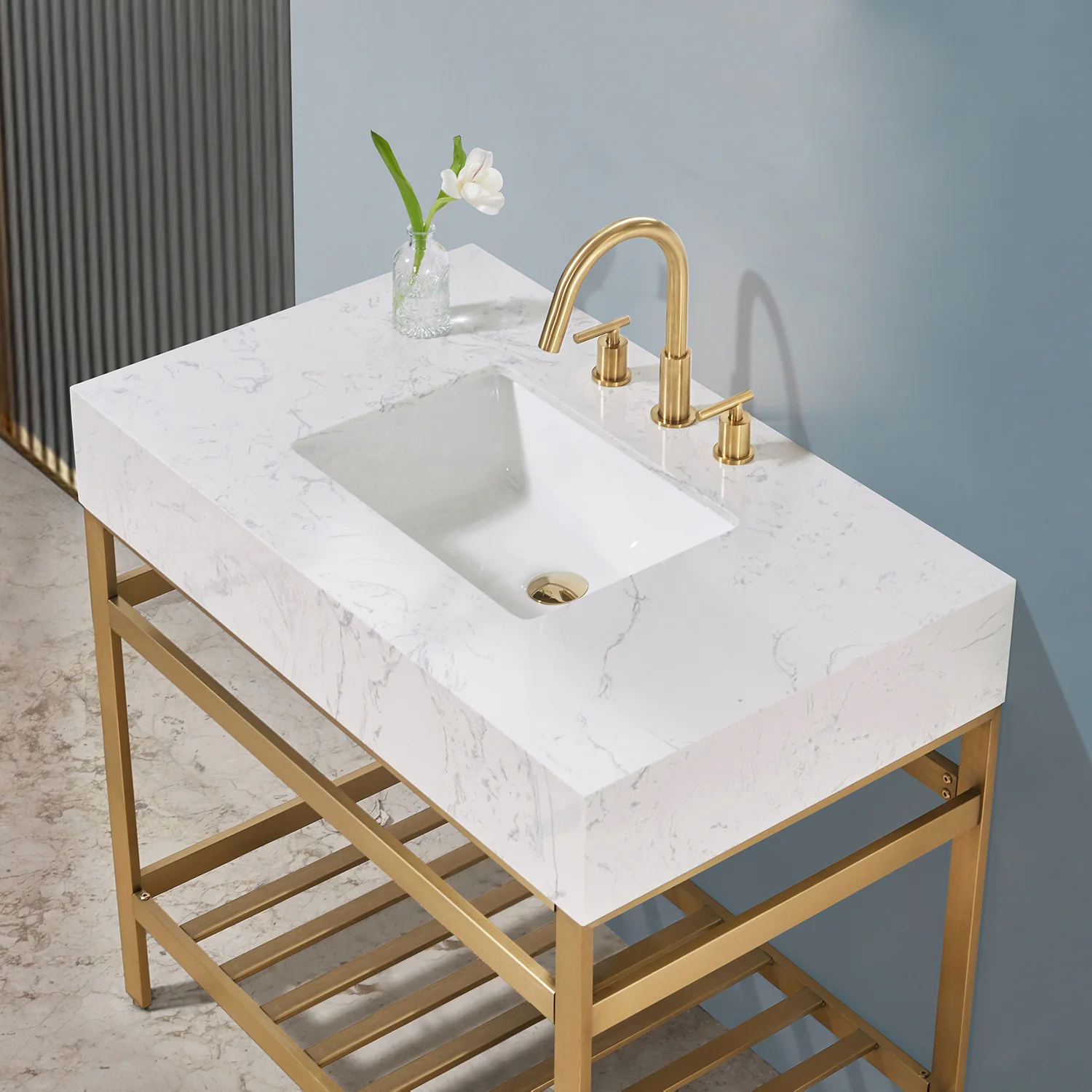 Altair Design Merano 36" Single Stainless Steel Vanity Console in Brushed Gold with Aosta White Stone Countertop - Image 11