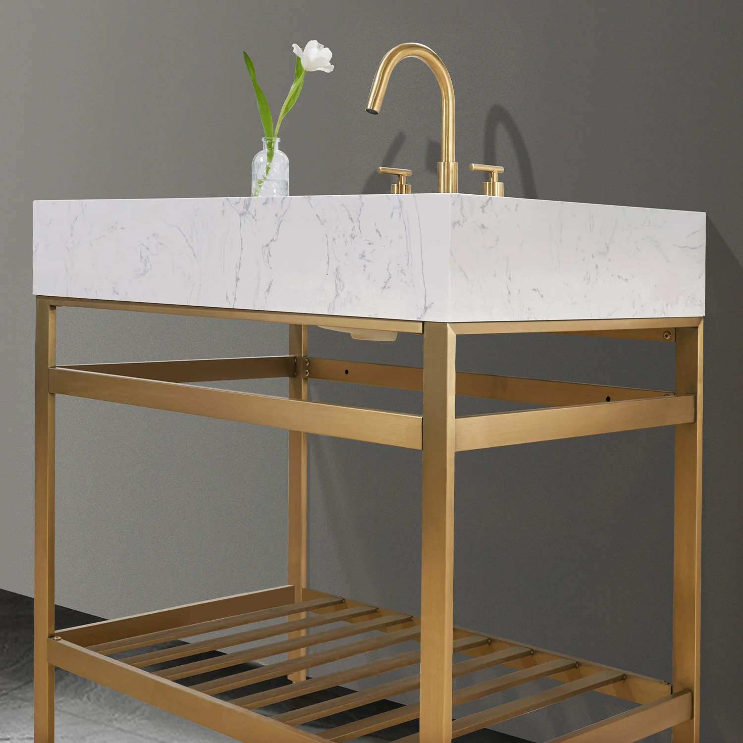 Altair Design Merano 36" Single Stainless Steel Vanity Console in Brushed Gold with Aosta White Stone Countertop - Image 12