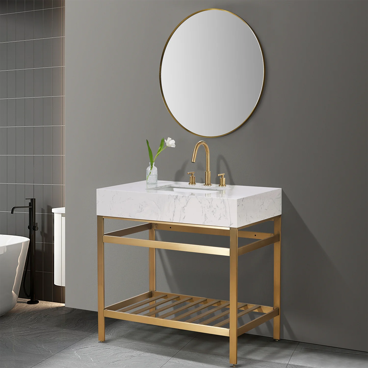 Altair Design Merano 36" Single Stainless Steel Vanity Console in Brushed Gold with Aosta White Stone Countertop - Image 3
