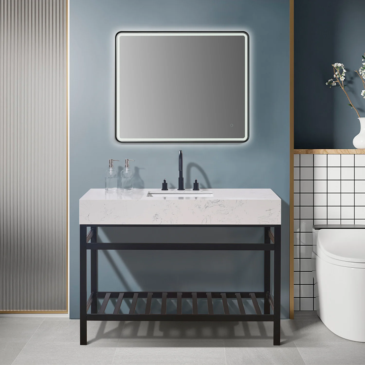 Altair Design Merano 48" Single Stainless Steel Vanity Console in Matt Black with Aosta White Stone Countertop