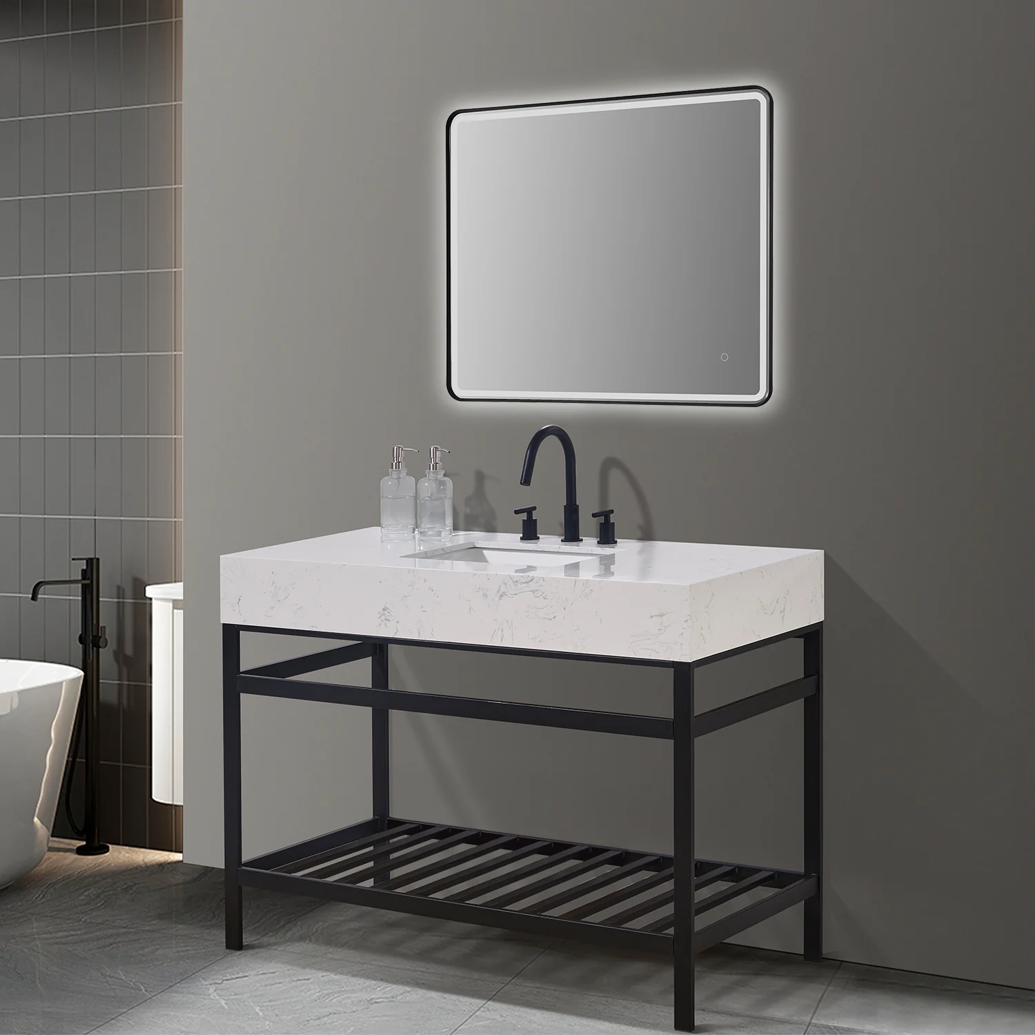 Altair Design Merano 48" Single Stainless Steel Vanity Console in Matt Black with Aosta White Stone Countertop - Image 3