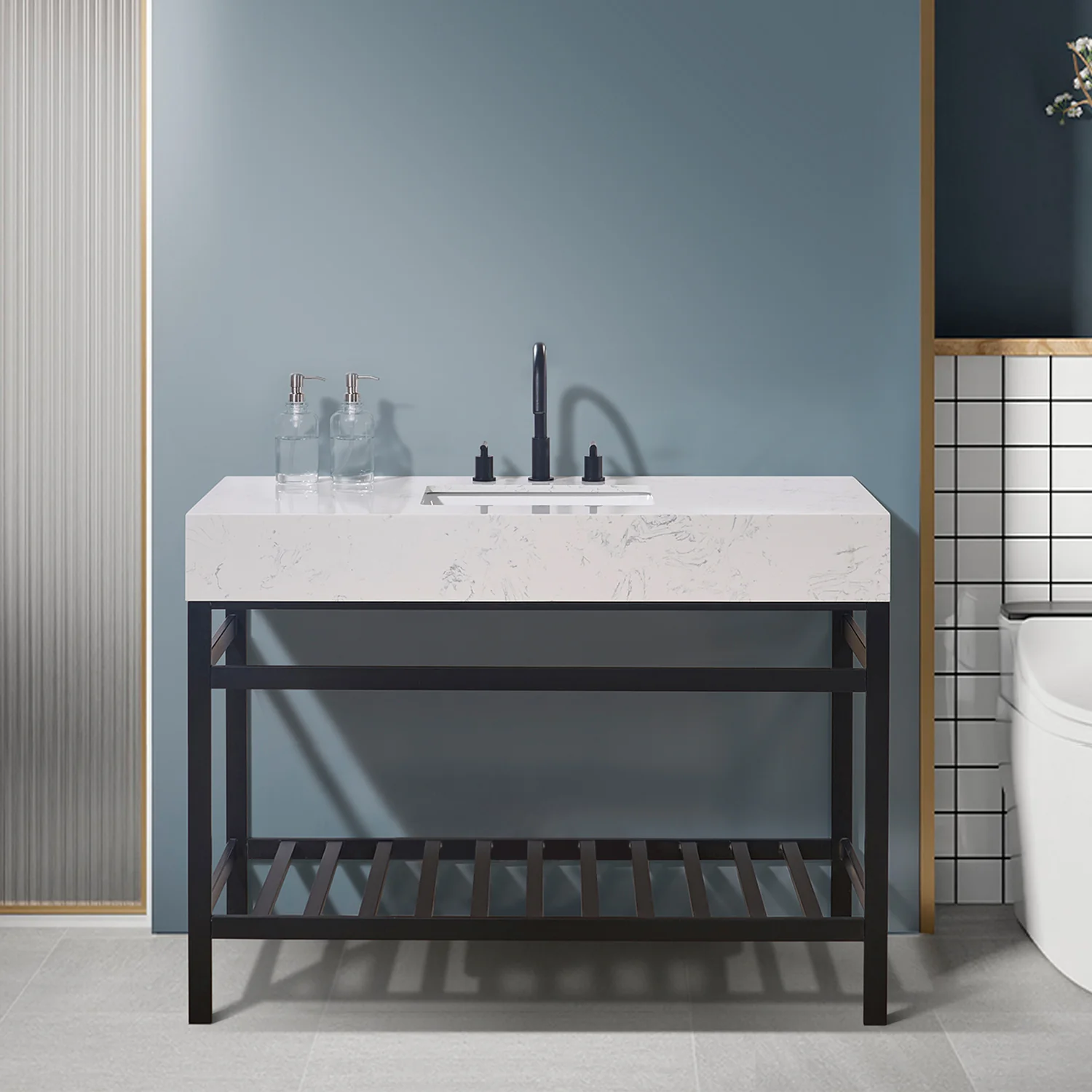 Altair Design Merano 48" Single Stainless Steel Vanity Console in Matt Black with Aosta White Stone Countertop - Image 7