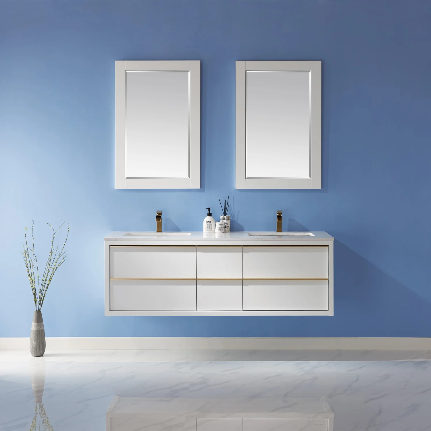 Altair Design Morgan 60" Double Bathroom Vanity Set in White and Aosta White Composite Stone Countertop