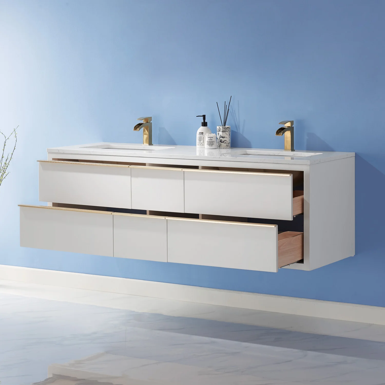 Altair Design Morgan 60" Double Bathroom Vanity Set in White and Aosta White Composite Stone Countertop - Image 15