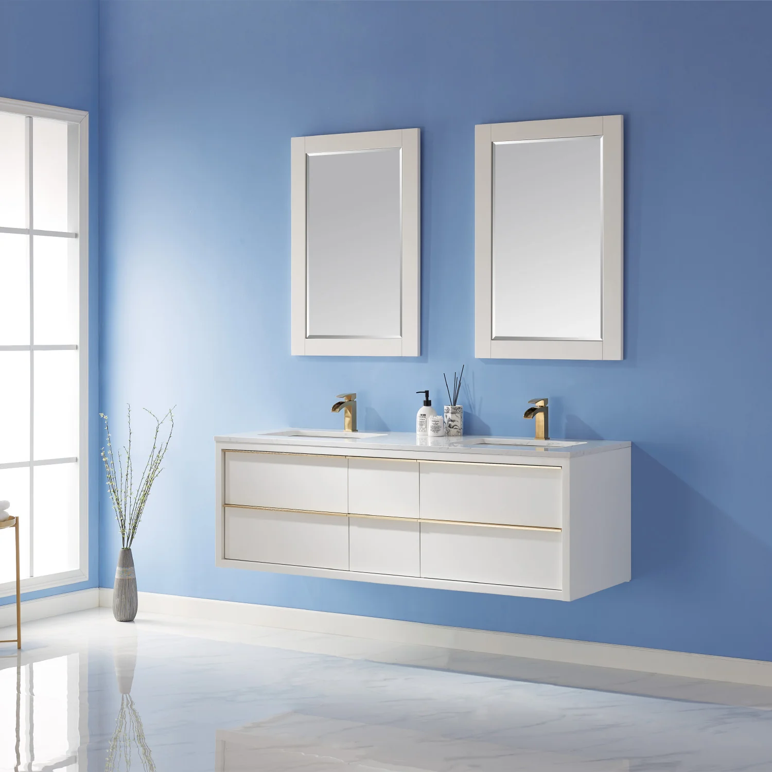 Altair Design Morgan 60" Double Bathroom Vanity Set in White and Aosta White Composite Stone Countertop - Image 3