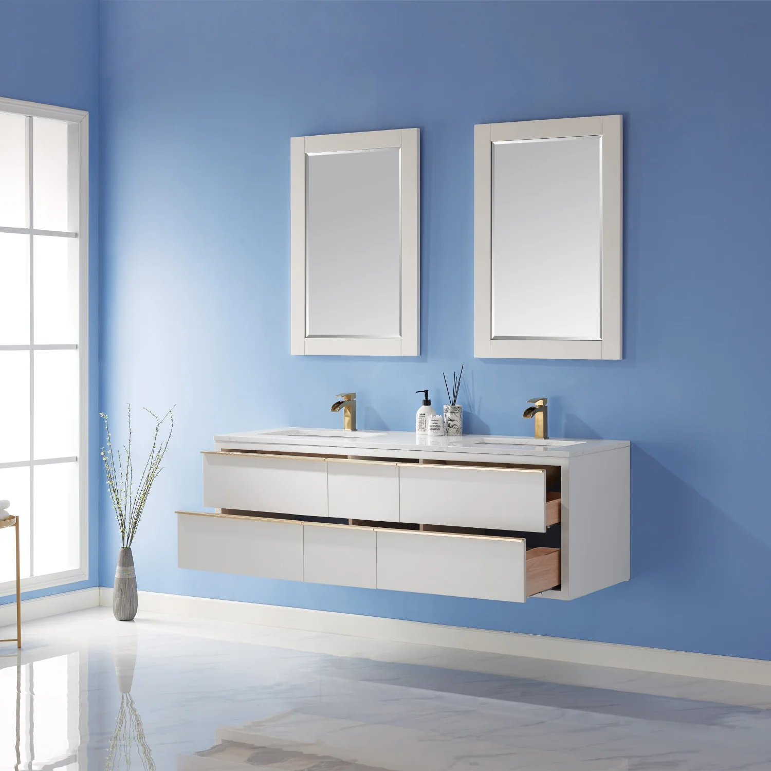 Altair Design Morgan 60" Double Bathroom Vanity Set in White and Aosta White Composite Stone Countertop - Image 4