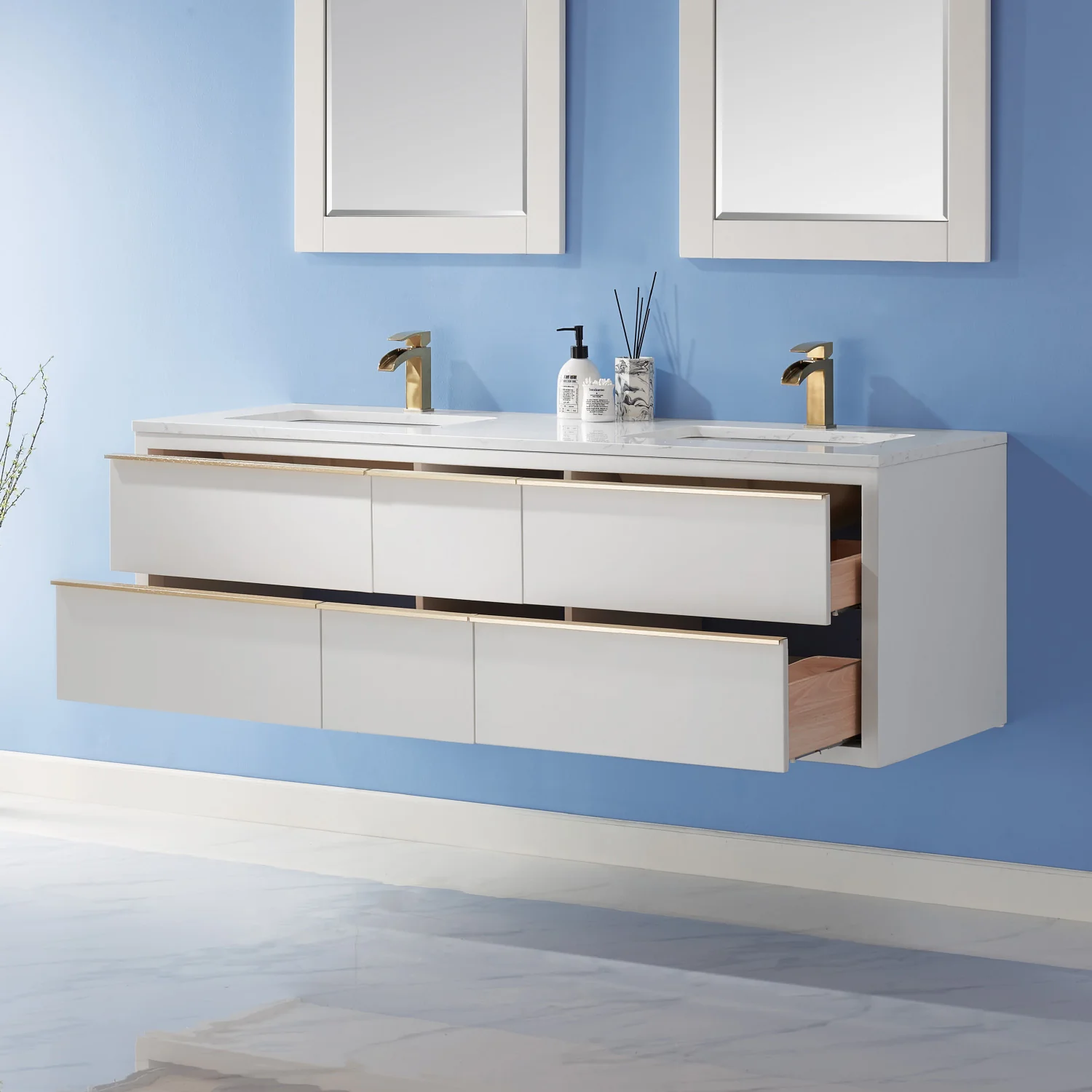 Altair Design Morgan 60" Double Bathroom Vanity Set in White and Aosta White Composite Stone Countertop - Image 5