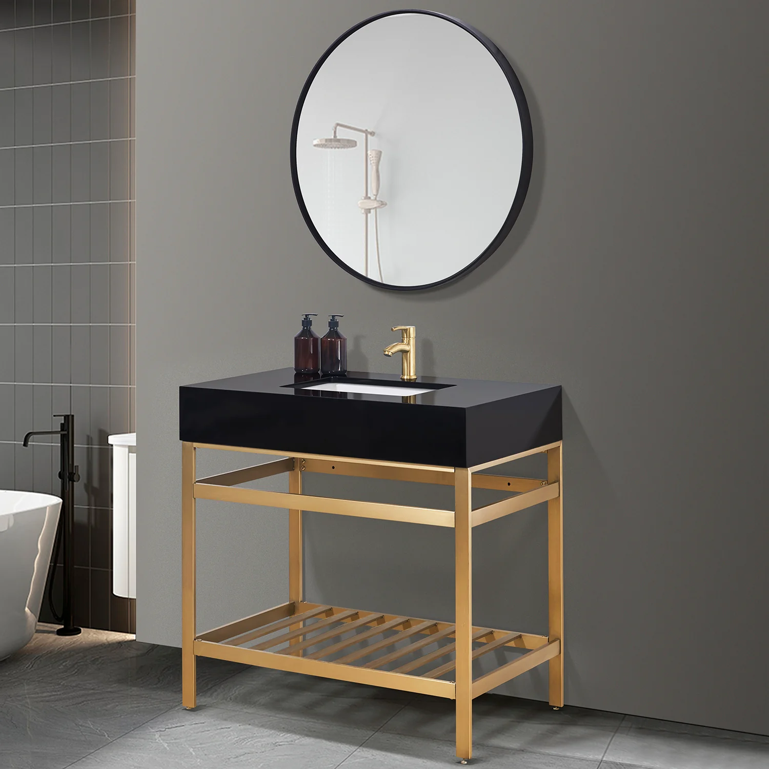 Altair Design Nauders 36" Single Stainless Steel Vanity Console in Brushed Gold with Imperial Black Stone Countertop - Image 3