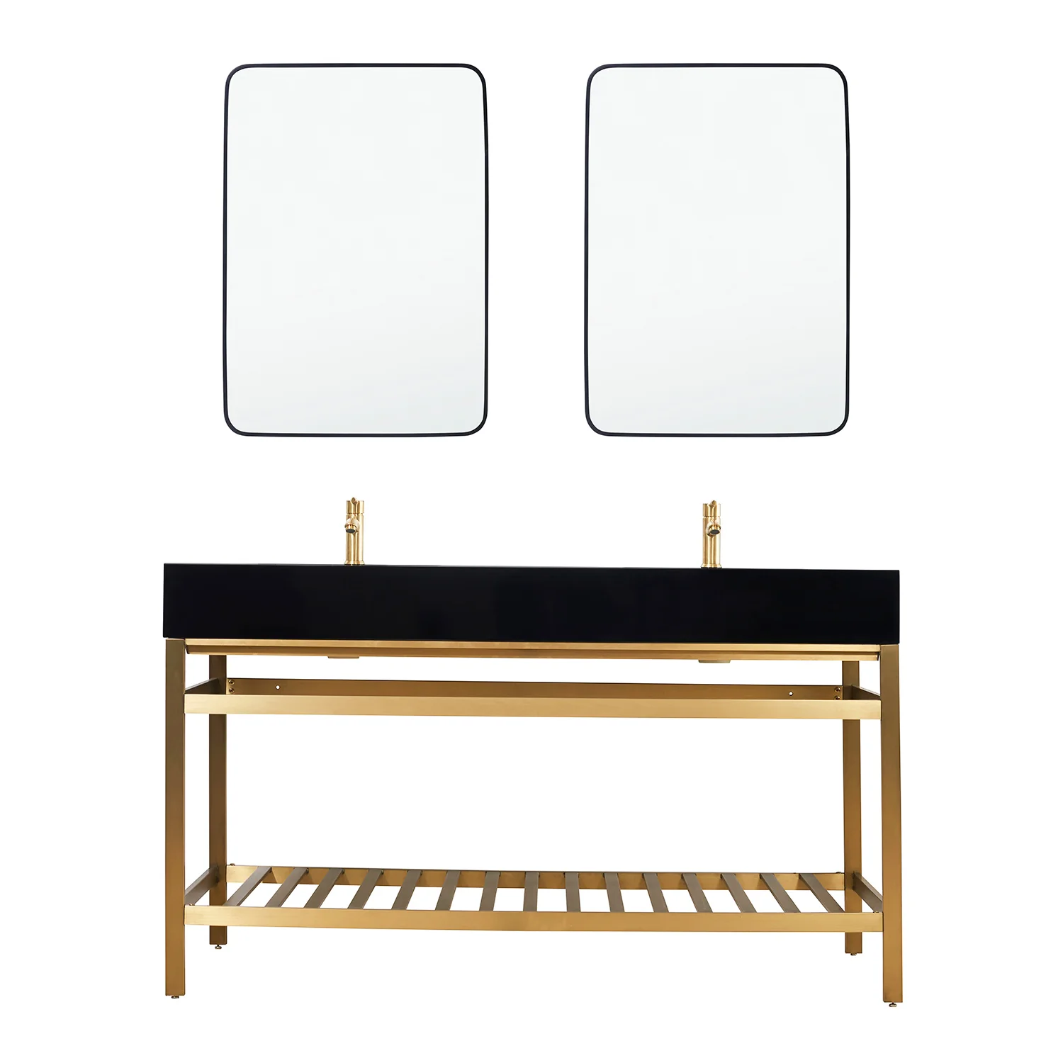 Altair Design Nauders 60" Double Stainless Steel Vanity Console in Brushed Gold with Imperial Black Stone Countertop - Image 2