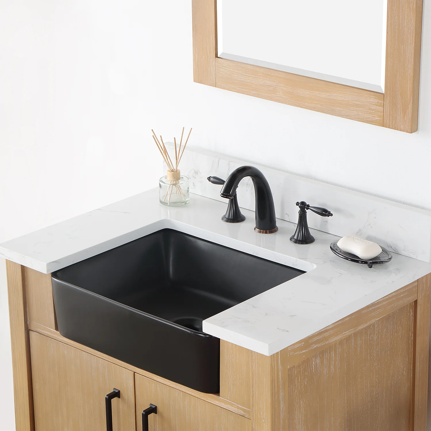 Altair Design Novago 30" Single Bathroom Vanity in Weathered Pine with Aosta White Composite Stone Countertop and Farmhouse Sink - Image 7