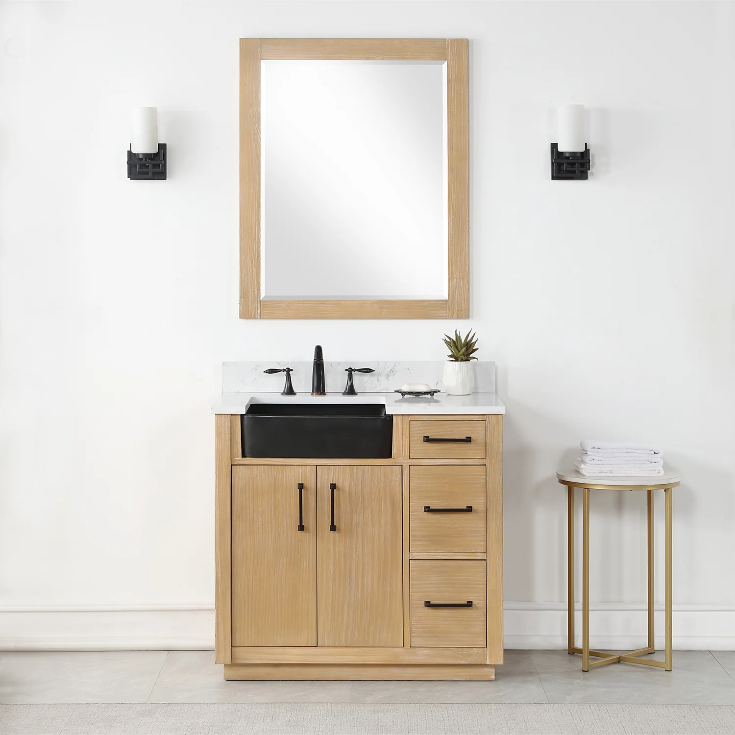 Altair Design Novago 36" Single Bathroom Vanity in Weathered Pine with Aosta White Composite Stone Countertop and Farmhouse Sink
