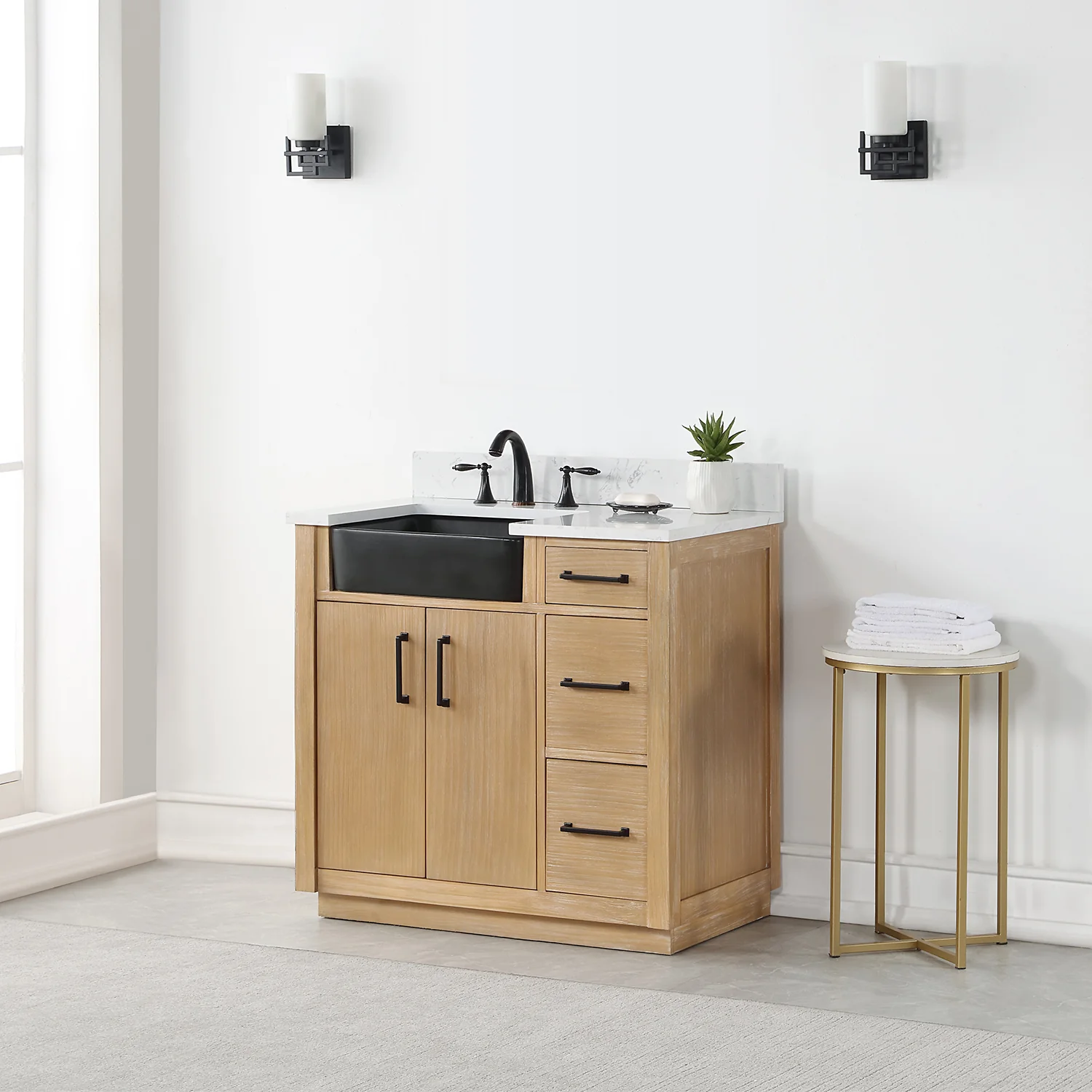Altair Design Novago 36" Single Bathroom Vanity in Weathered Pine with Aosta White Composite Stone Countertop and Farmhouse Sink - Image 11