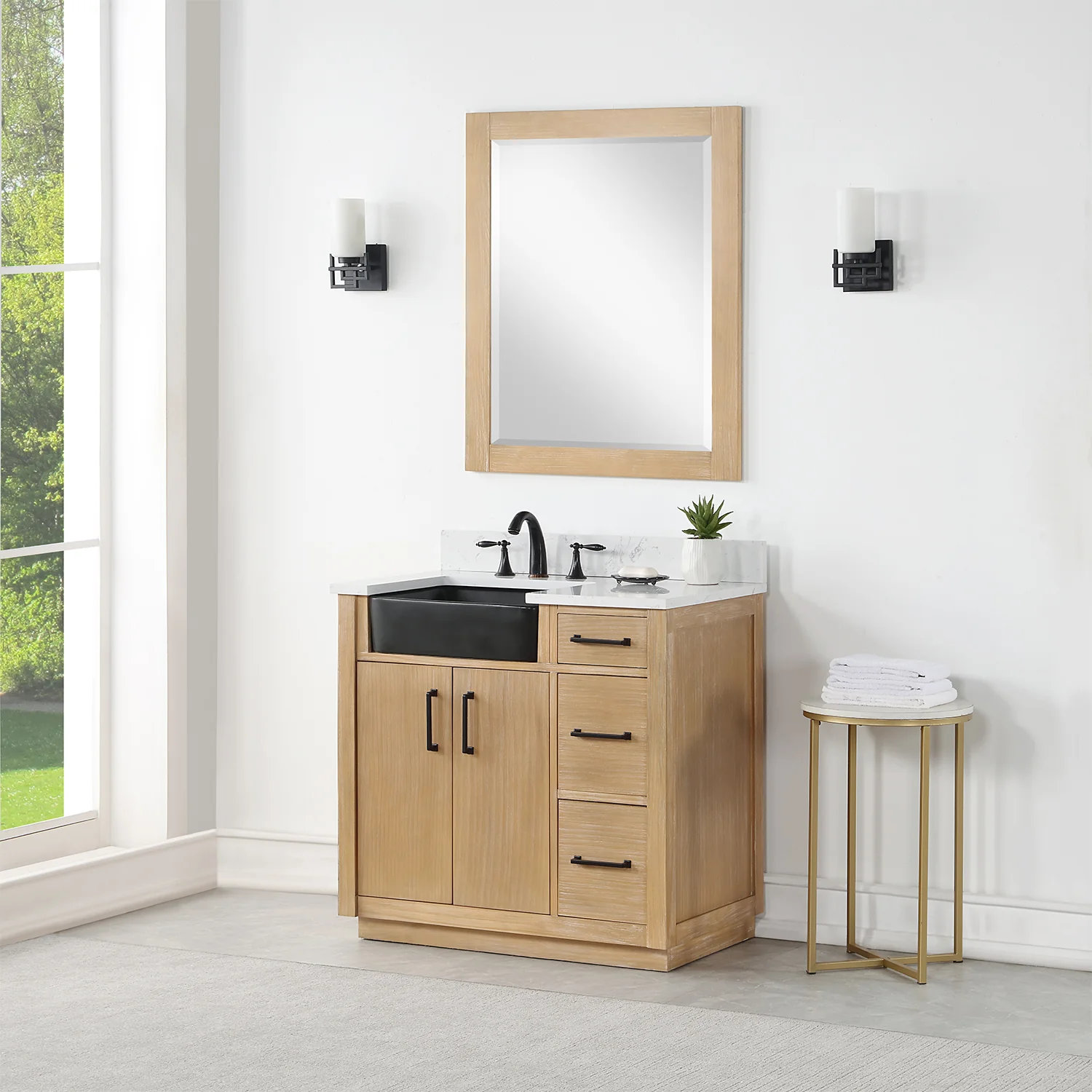 Altair Design Novago 36" Single Bathroom Vanity in Weathered Pine with Aosta White Composite Stone Countertop and Farmhouse Sink - Image 3