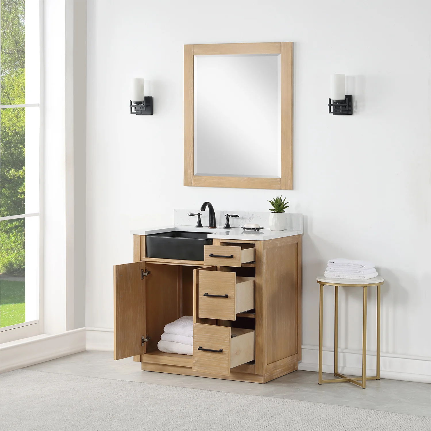 Altair Design Novago 36" Single Bathroom Vanity in Weathered Pine with Aosta White Composite Stone Countertop and Farmhouse Sink - Image 5