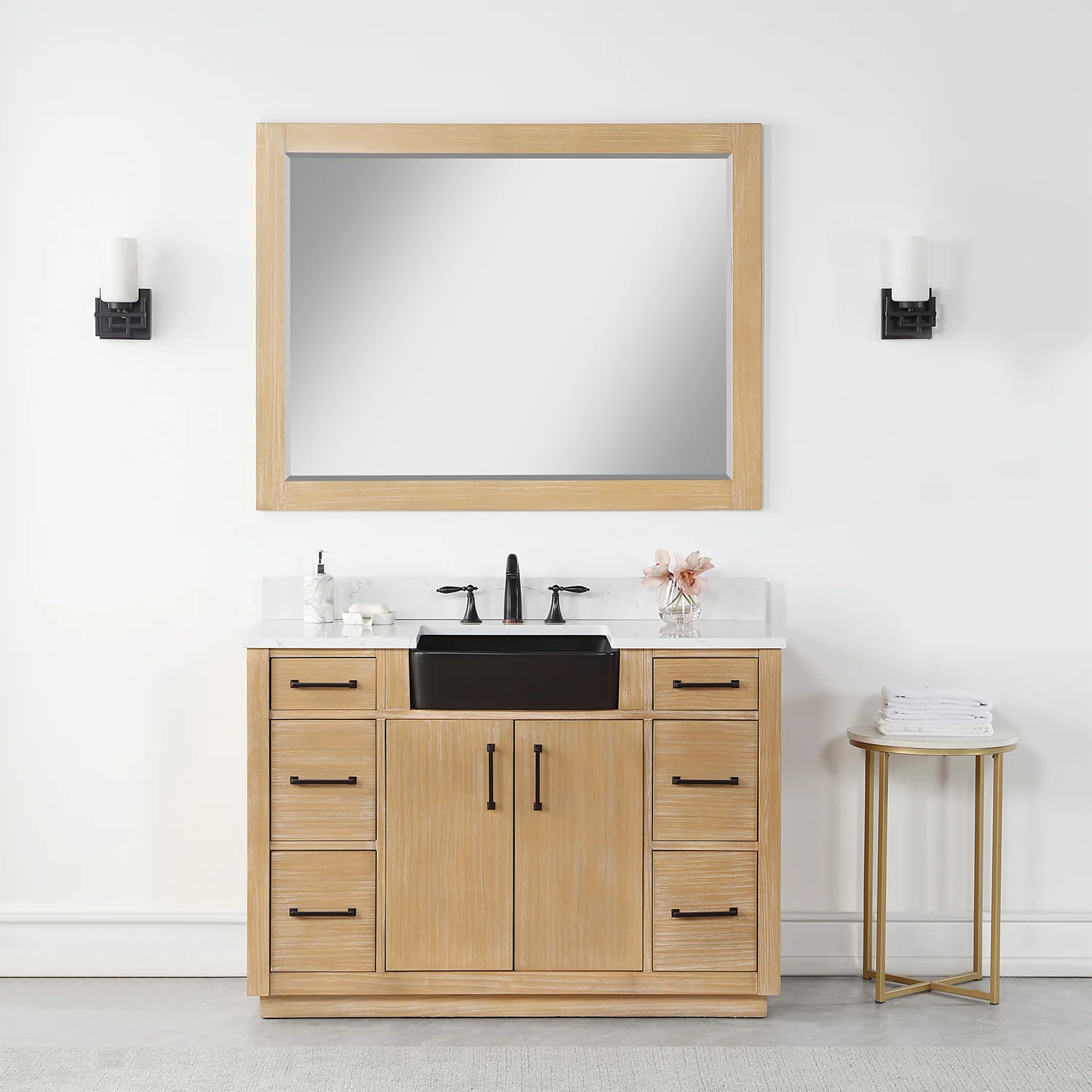 Altair Design Novago 48" Single Bathroom Vanity in Weathered Pine with Aosta White Composite Stone Countertop and Farmhouse Sink