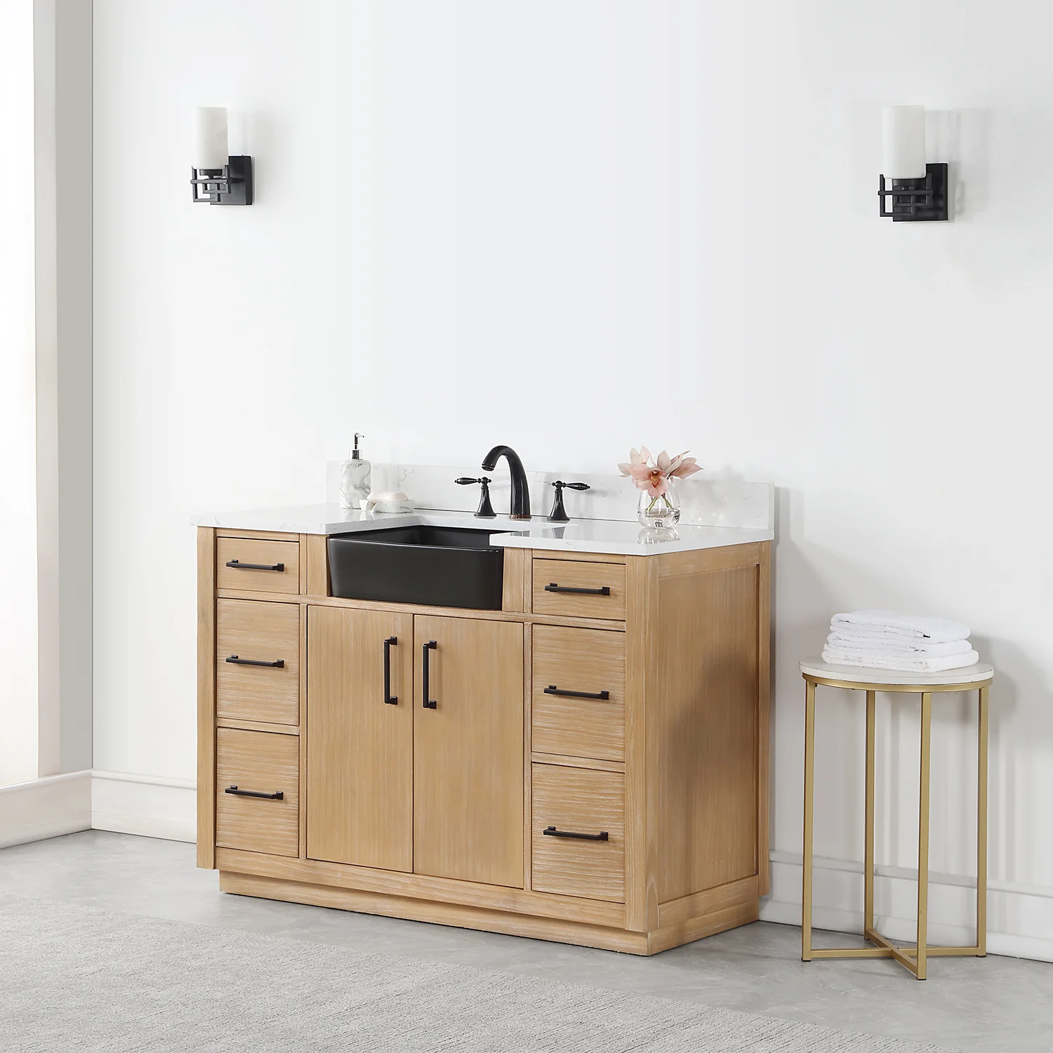 Altair Design Novago 48" Single Bathroom Vanity in Weathered Pine with Aosta White Composite Stone Countertop and Farmhouse Sink - Image 11