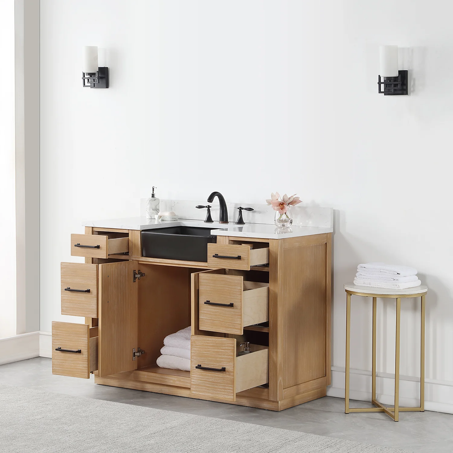 Altair Design Novago 48" Single Bathroom Vanity in Weathered Pine with Aosta White Composite Stone Countertop and Farmhouse Sink - Image 13