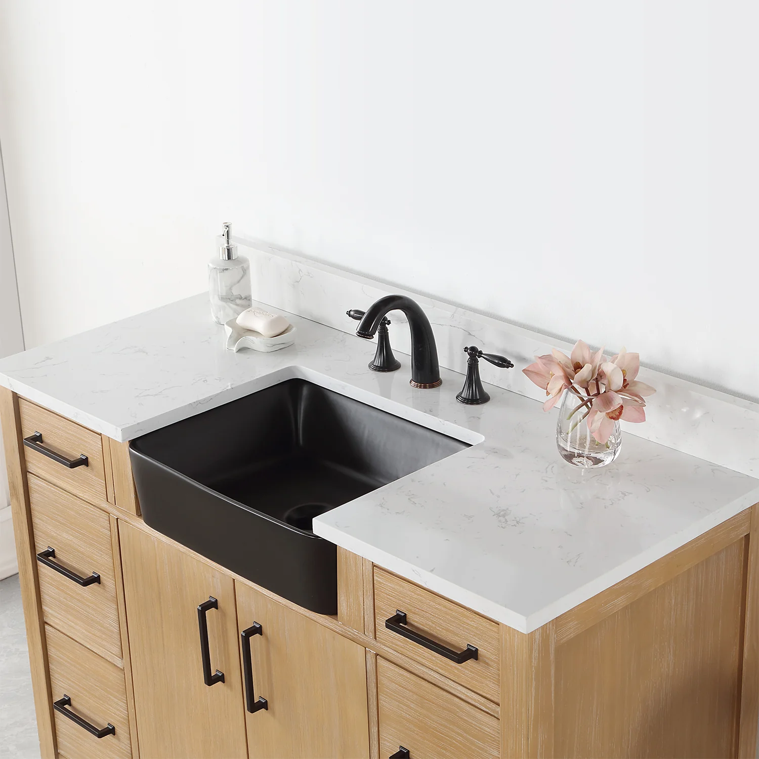 Altair Design Novago 48" Single Bathroom Vanity in Weathered Pine with Aosta White Composite Stone Countertop and Farmhouse Sink - Image 16