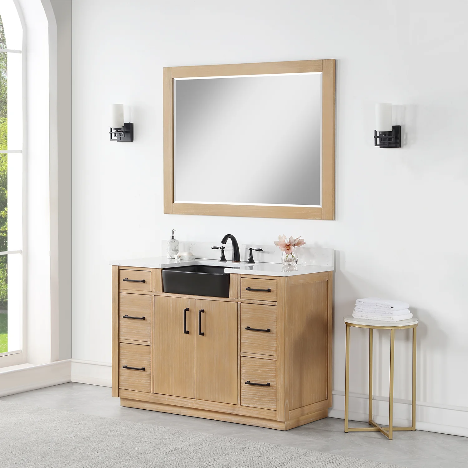 Altair Design Novago 48" Single Bathroom Vanity in Weathered Pine with Aosta White Composite Stone Countertop and Farmhouse Sink - Image 3