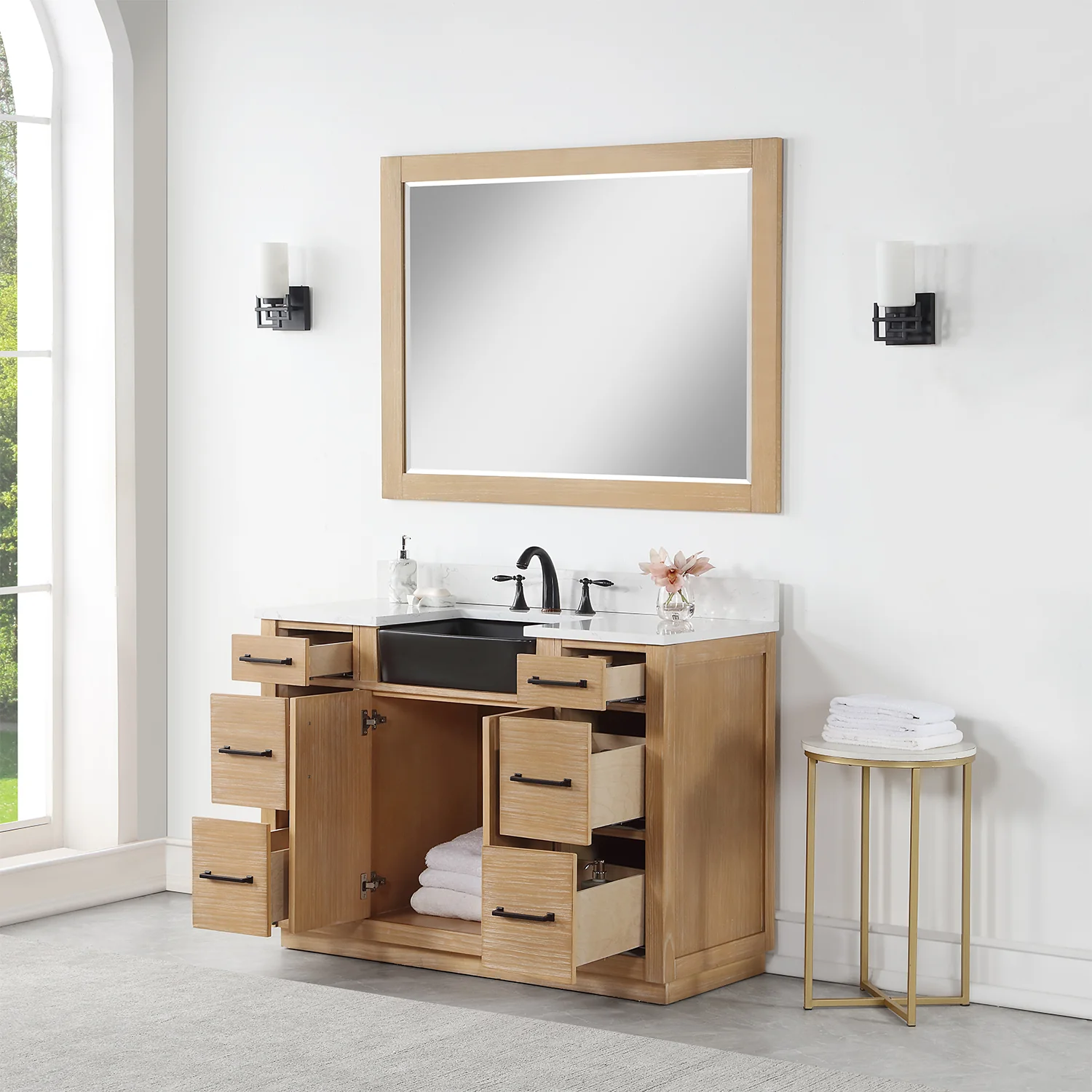 Altair Design Novago 48" Single Bathroom Vanity in Weathered Pine with Aosta White Composite Stone Countertop and Farmhouse Sink - Image 5