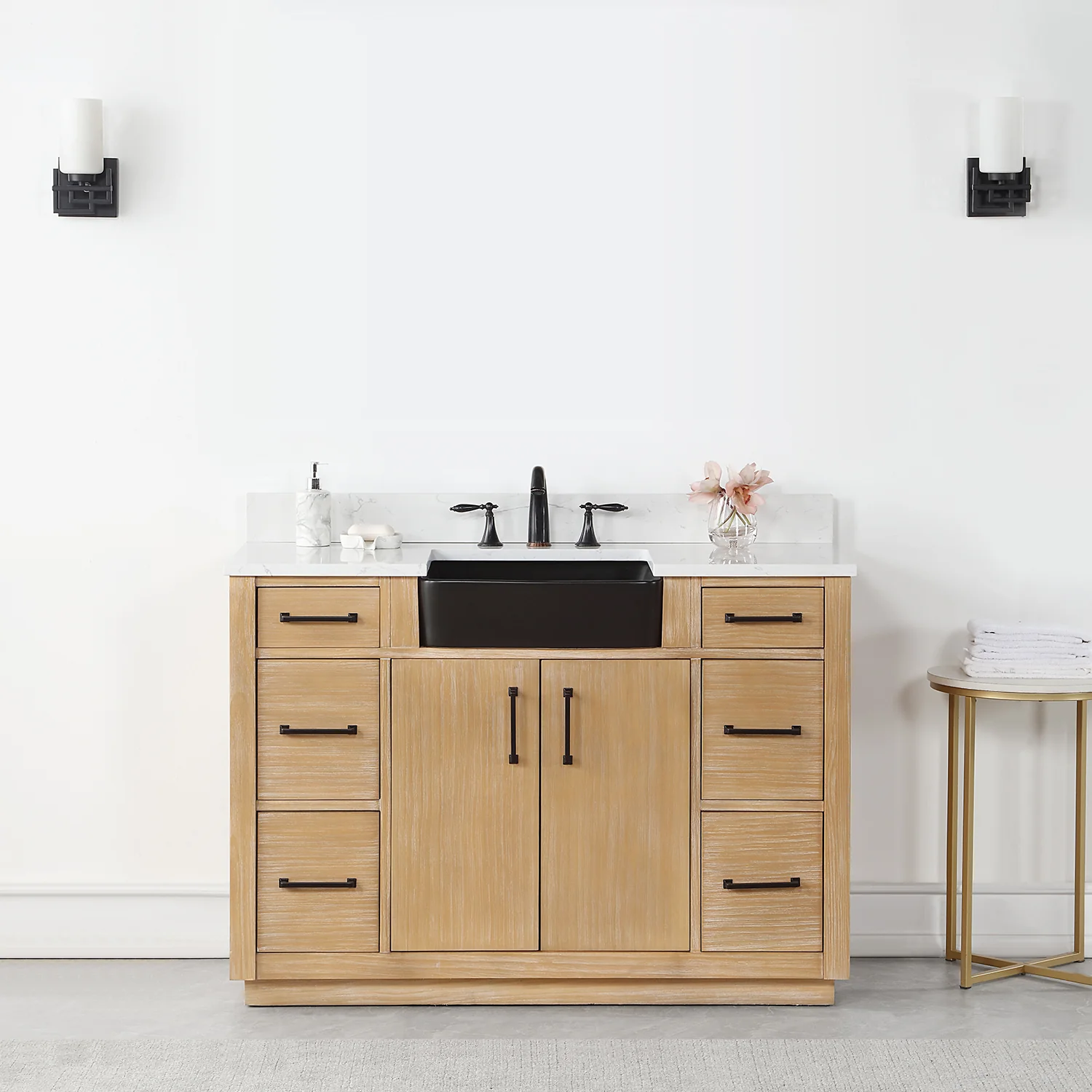 Altair Design Novago 48" Single Bathroom Vanity in Weathered Pine with Aosta White Composite Stone Countertop and Farmhouse Sink - Image 9