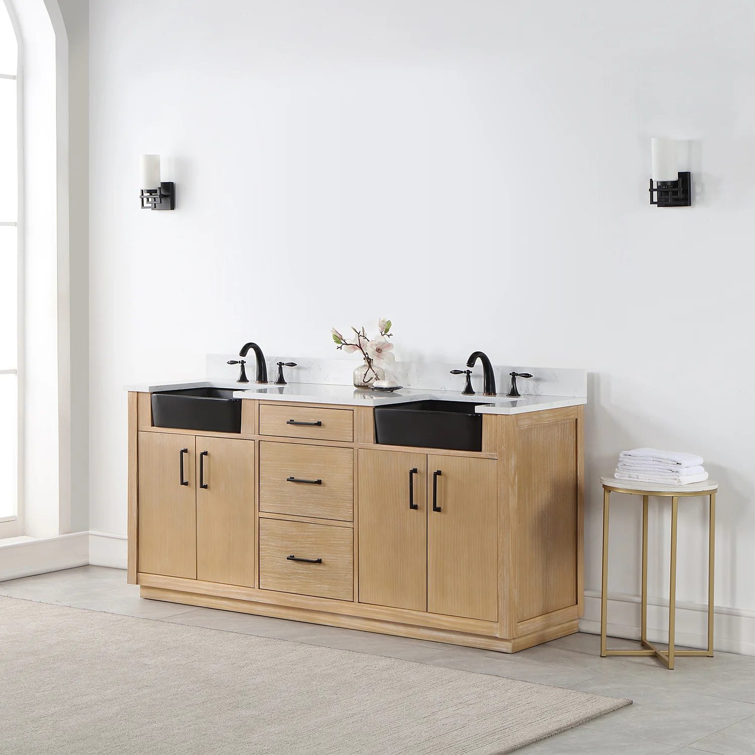 Altair Design Novago 72" Double Bathroom Vanity in Weathered Pine with Aosta White Composite Stone Countertop and Farmhouse Sink - Image 11