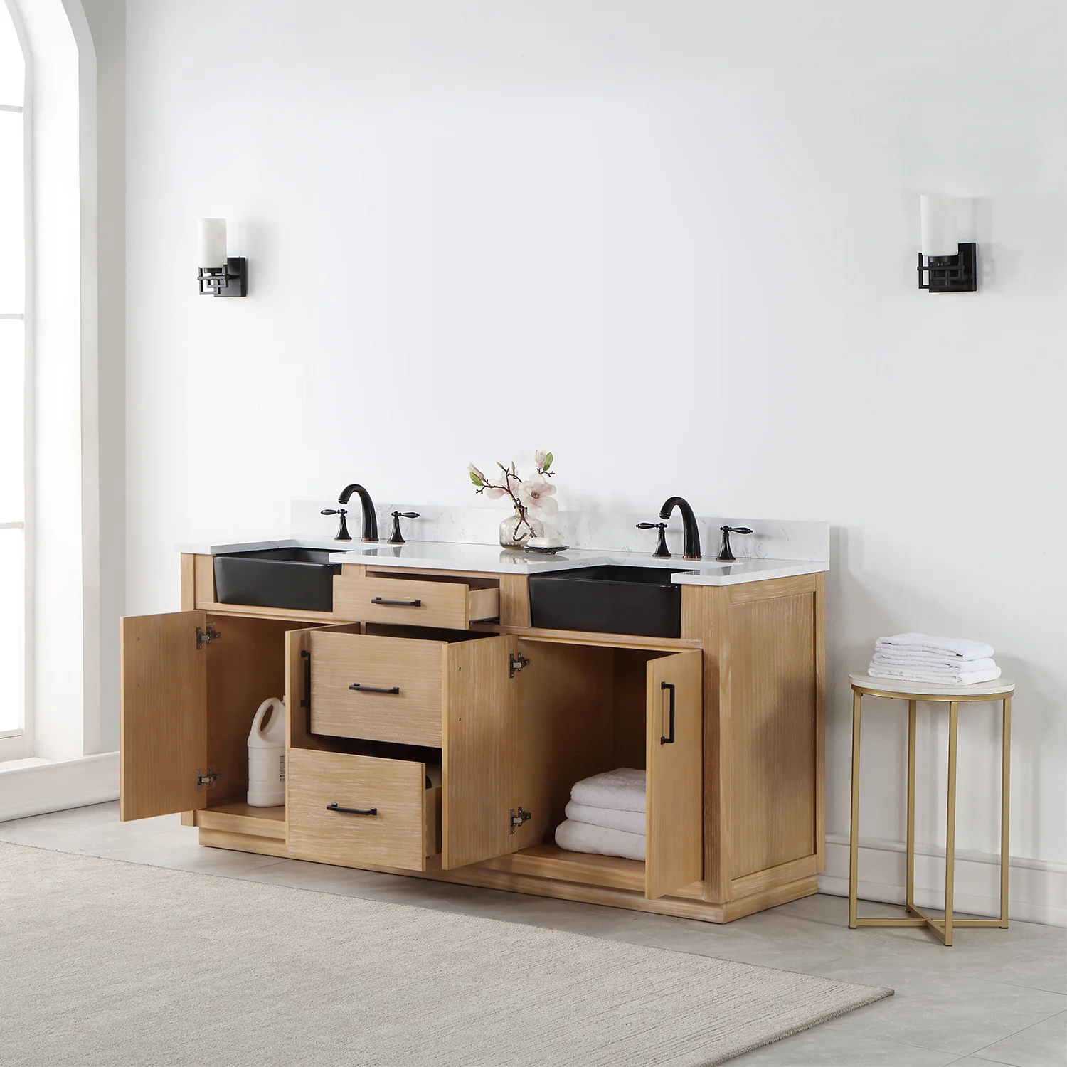 Altair Design Novago 72" Double Bathroom Vanity in Weathered Pine with Aosta White Composite Stone Countertop and Farmhouse Sink - Image 13
