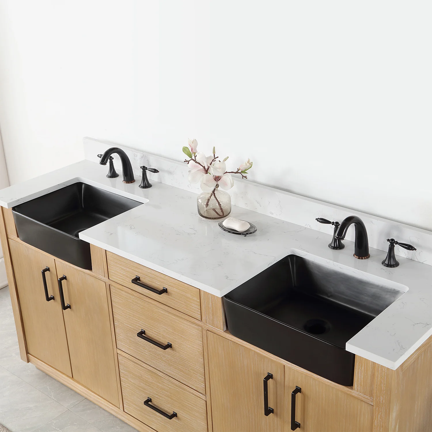 Altair Design Novago 72" Double Bathroom Vanity in Weathered Pine with Aosta White Composite Stone Countertop and Farmhouse Sink - Image 16