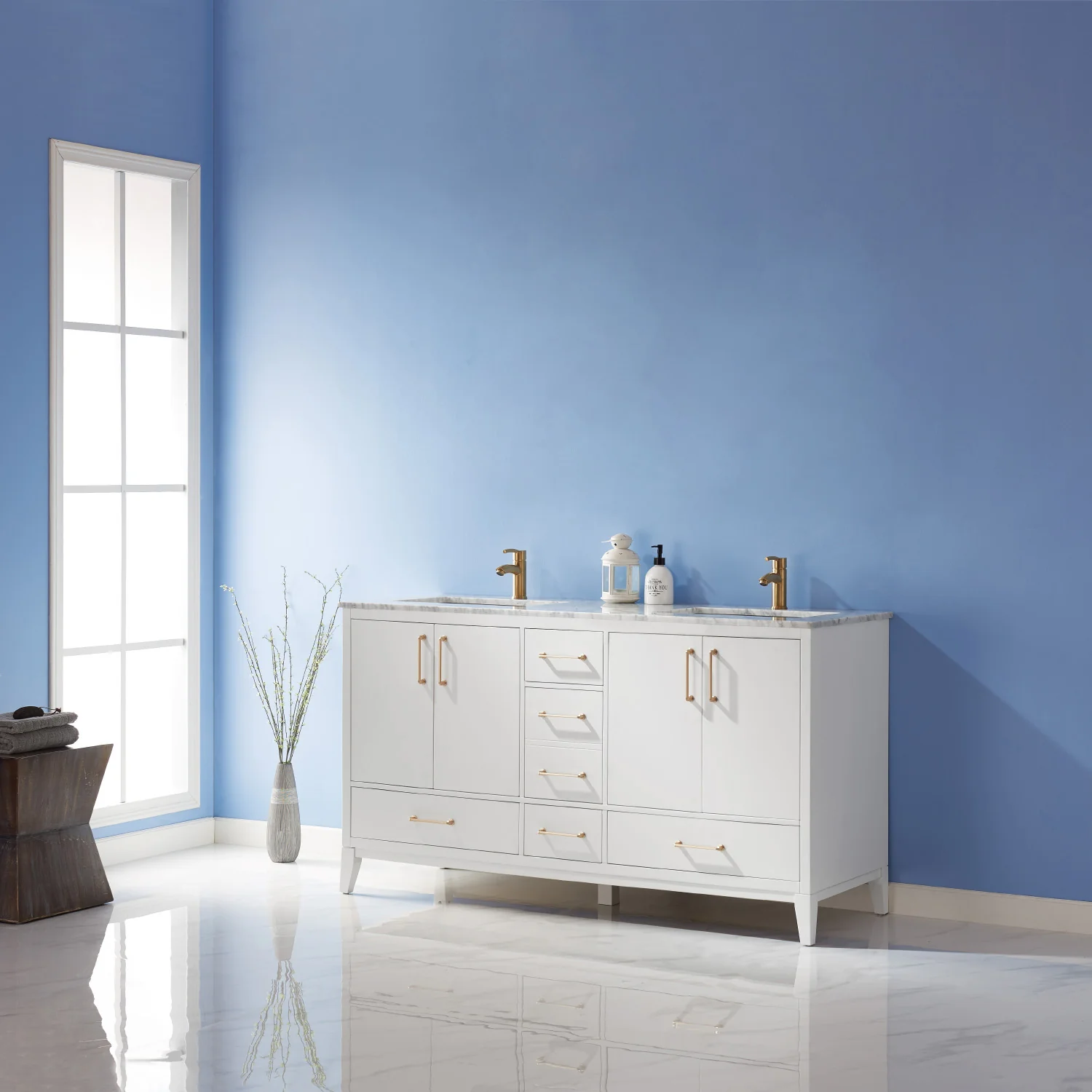 Altair Design Sutton 60" Double Bathroom Vanity Set in White and Carrara White Marble Countertop - Image 13
