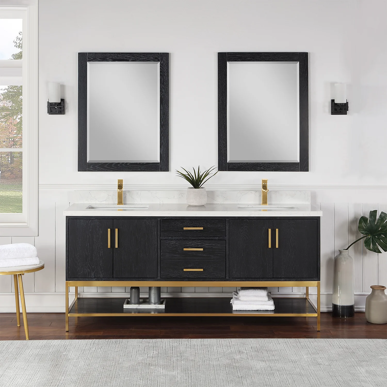 Altair Design Wildy 72" Double Bathroom Vanity Set in Black Oak with Grain White Composite Stone Countertop