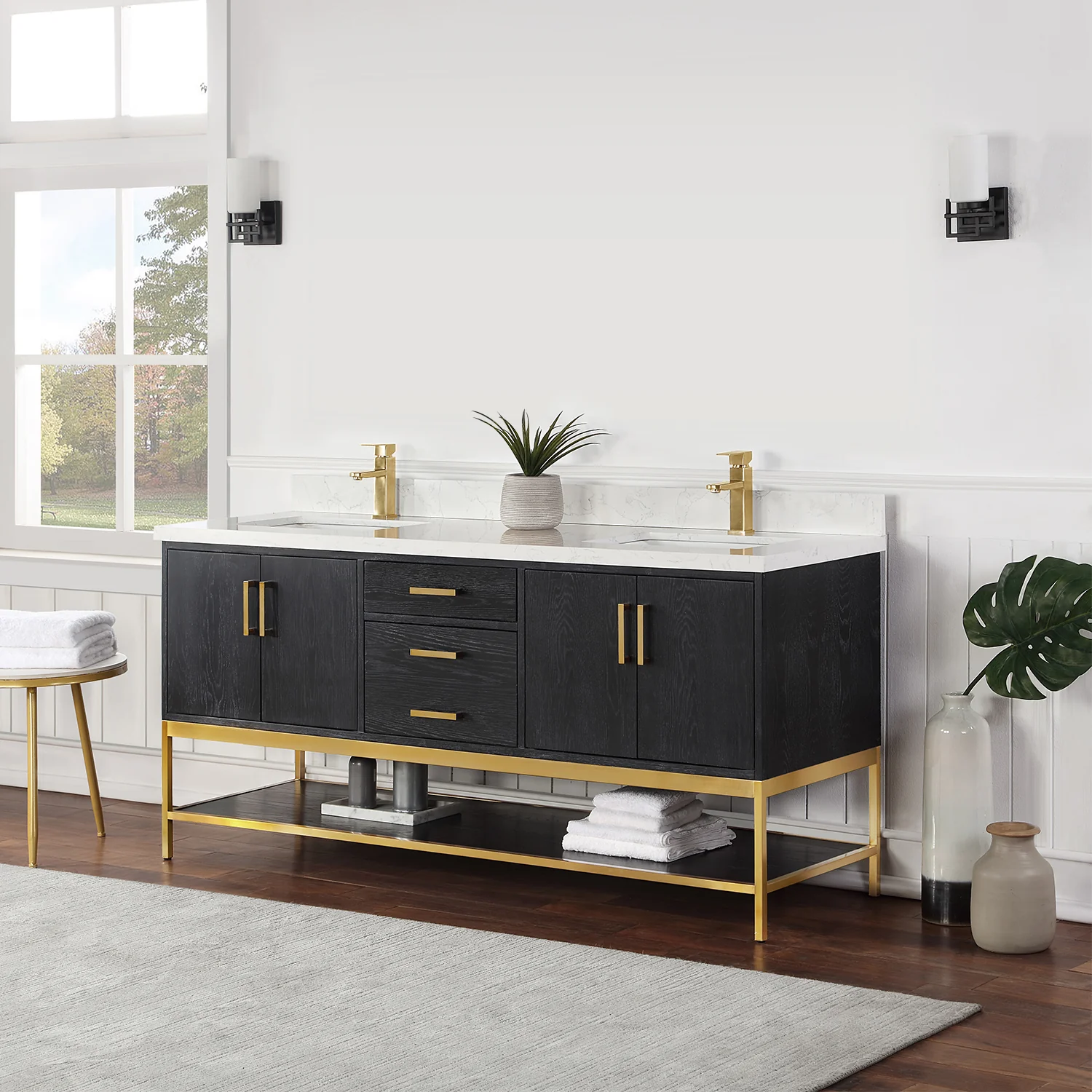 Altair Design Wildy 72" Double Bathroom Vanity Set in Black Oak with Grain White Composite Stone Countertop - Image 11