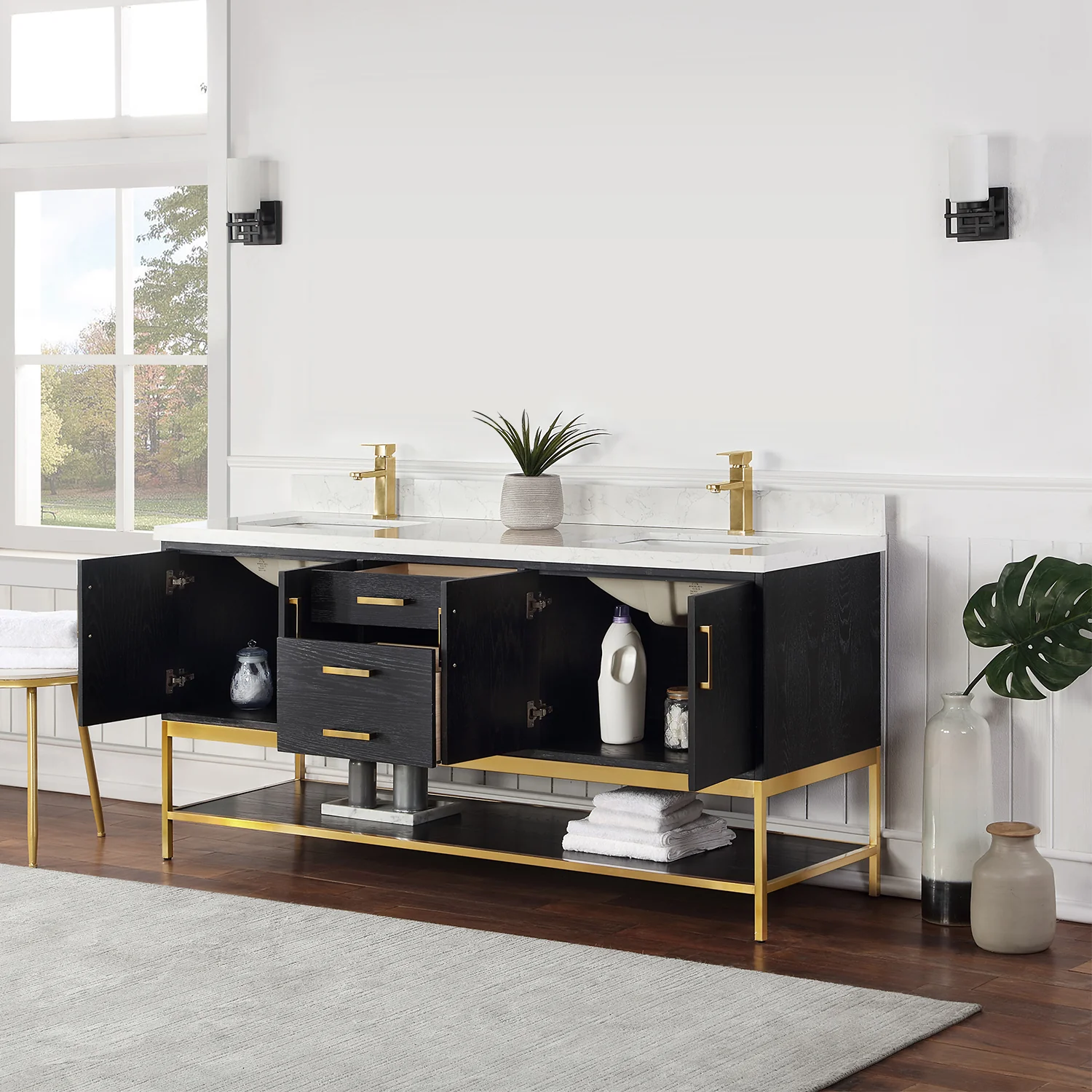Altair Design Wildy 72" Double Bathroom Vanity Set in Black Oak with Grain White Composite Stone Countertop - Image 13