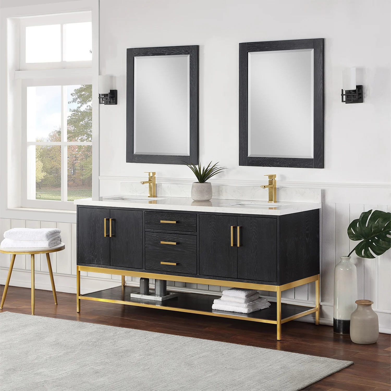 Altair Design Wildy 72" Double Bathroom Vanity Set in Black Oak with Grain White Composite Stone Countertop - Image 3