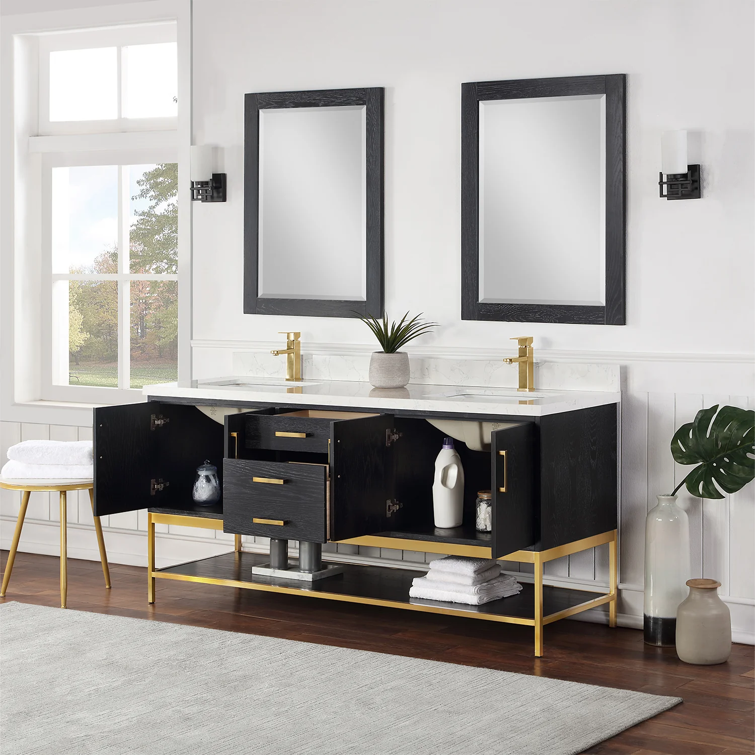 Altair Design Wildy 72" Double Bathroom Vanity Set in Black Oak with Grain White Composite Stone Countertop - Image 5