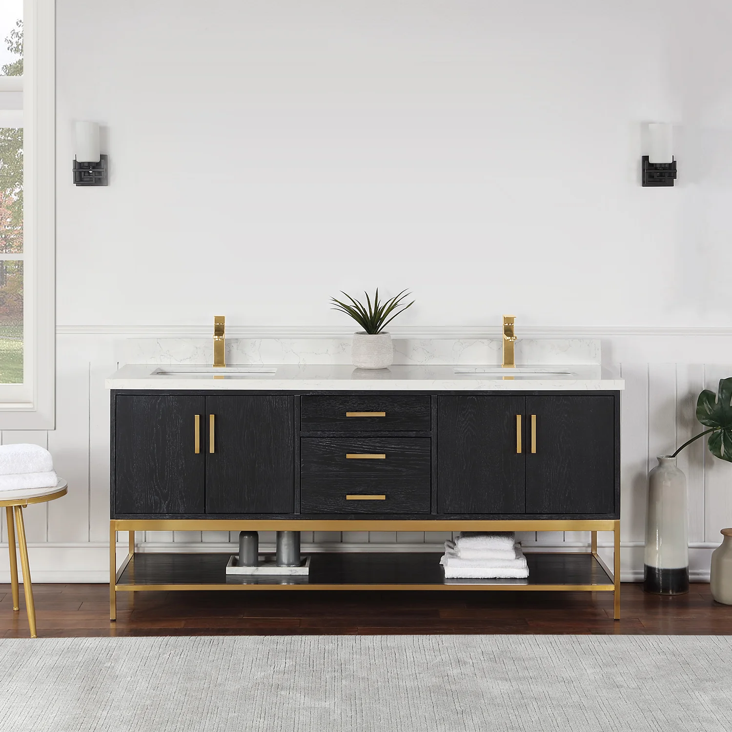 Altair Design Wildy 72" Double Bathroom Vanity Set in Black Oak with Grain White Composite Stone Countertop - Image 9
