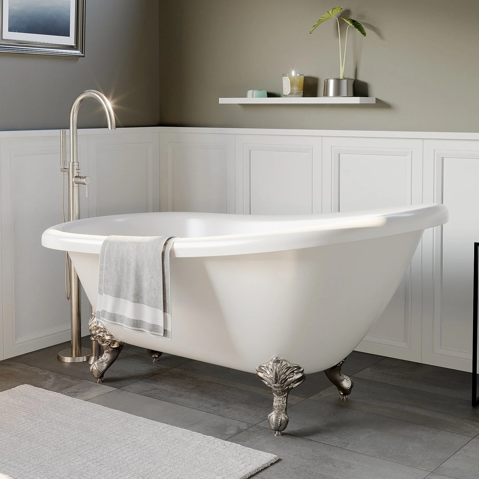 Cambridge Plumbing 61 Inch Acrylic Slipper Soaking Tub with and Complete Brushed Nickel Plumbing Package AST61-150-PKG-BN-NH