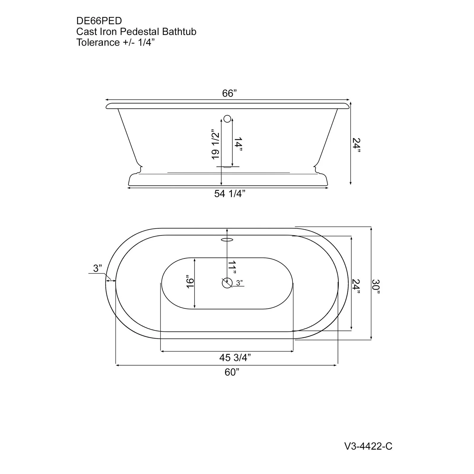 Cambridge Plumbing 66 Inch Cast Iron Dual Ended Pedestal Bathtub - Image 3