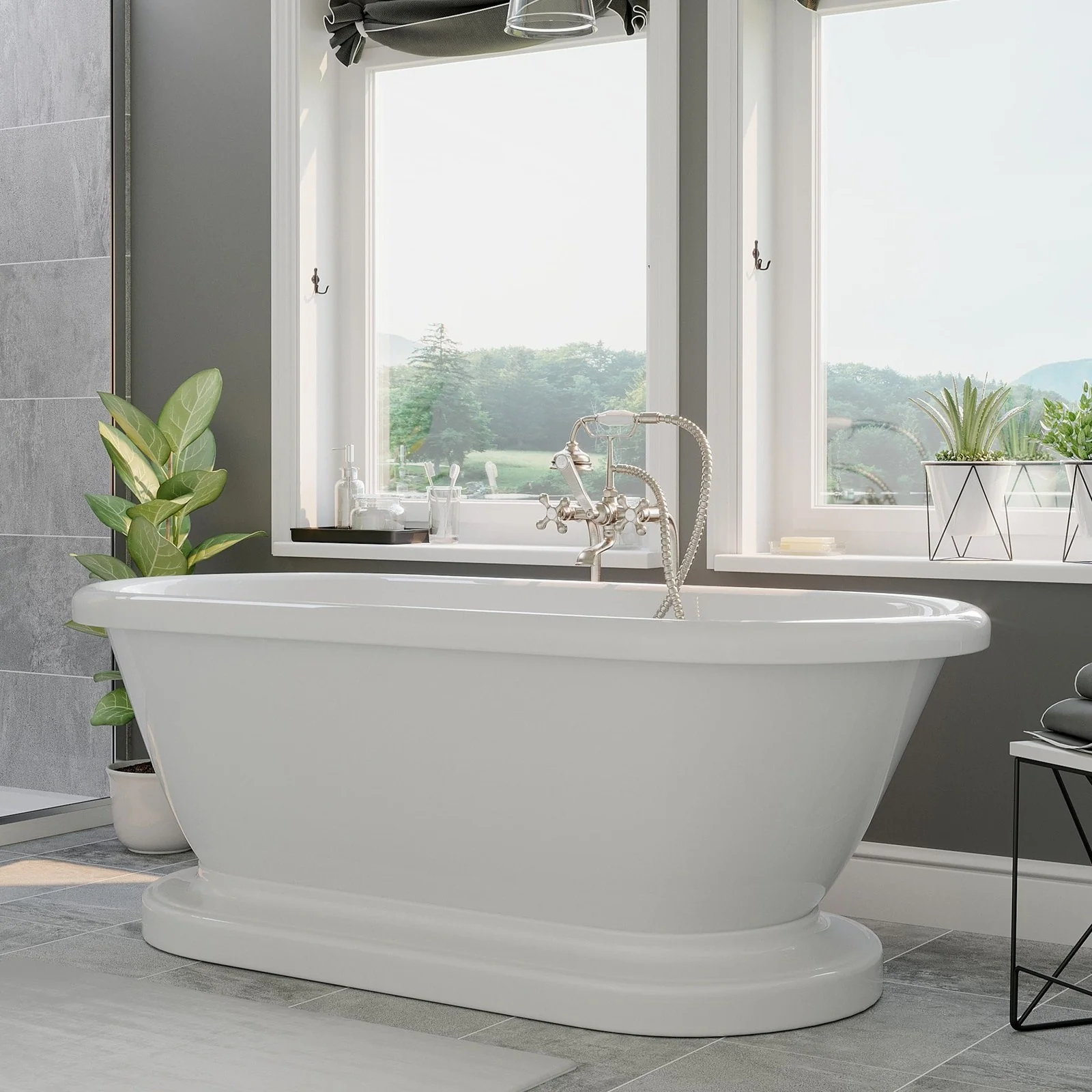 Cambridge Plumbing Acrylic Double Ended Clawfoot Soaking Tub and Complete Brushed Nickel Plumbing Package ADE-398463-PKG-BN-NH