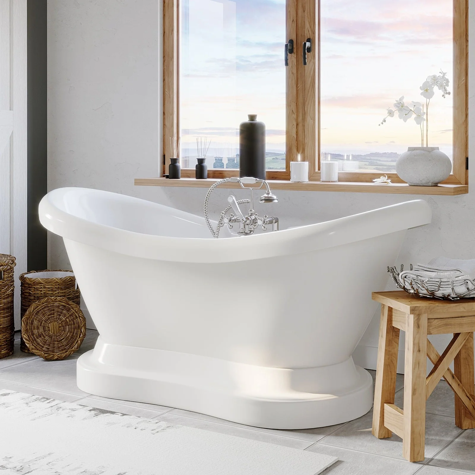 Cambridge Plumbing Acrylic Double Slipper Pedestal Soaking Tub with Complete Brushed Nickel Plumbing Package ADES-PED-463D-2-PKG-BN-7DH