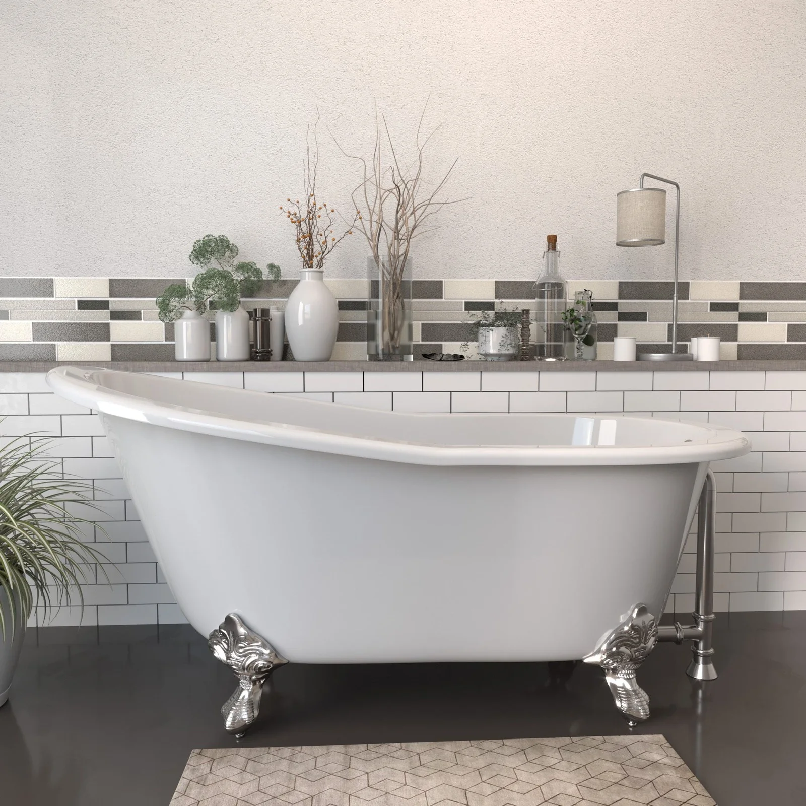 Cambridge Plumbing Cast Iron Slipper Clawfoot Tub 61" X 30" with No Faucet Drillings and Brushed Nickel Feet ST61-NH-BN