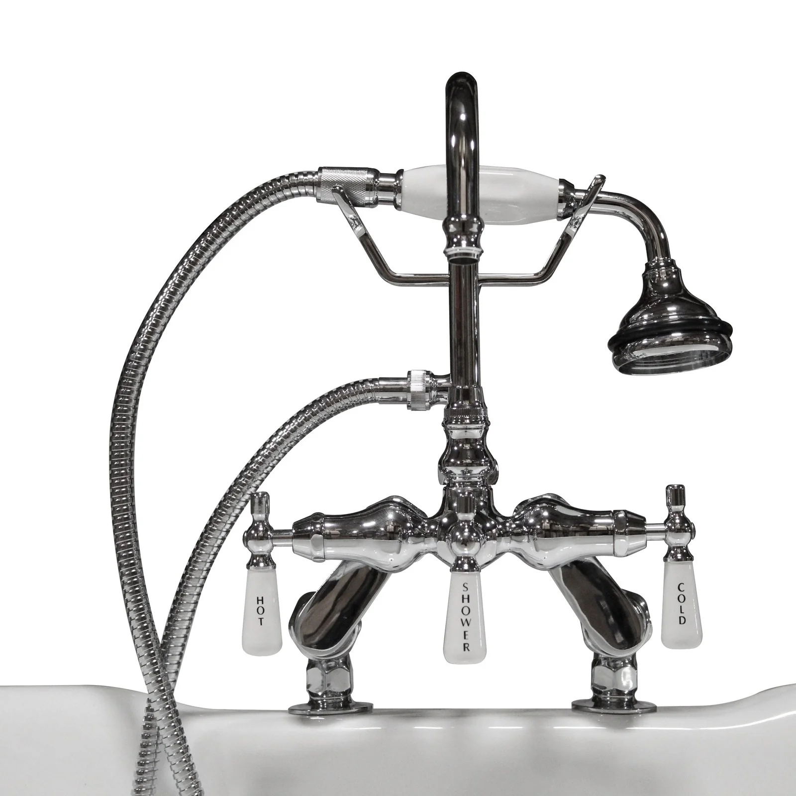 Cambridge Plumbing Clawfoot Tub Deck Mount Porcelain Lever English Telephone Brass Faucet with Hand Held Shower-Polished Chrome CAM684D-CP - Image 2