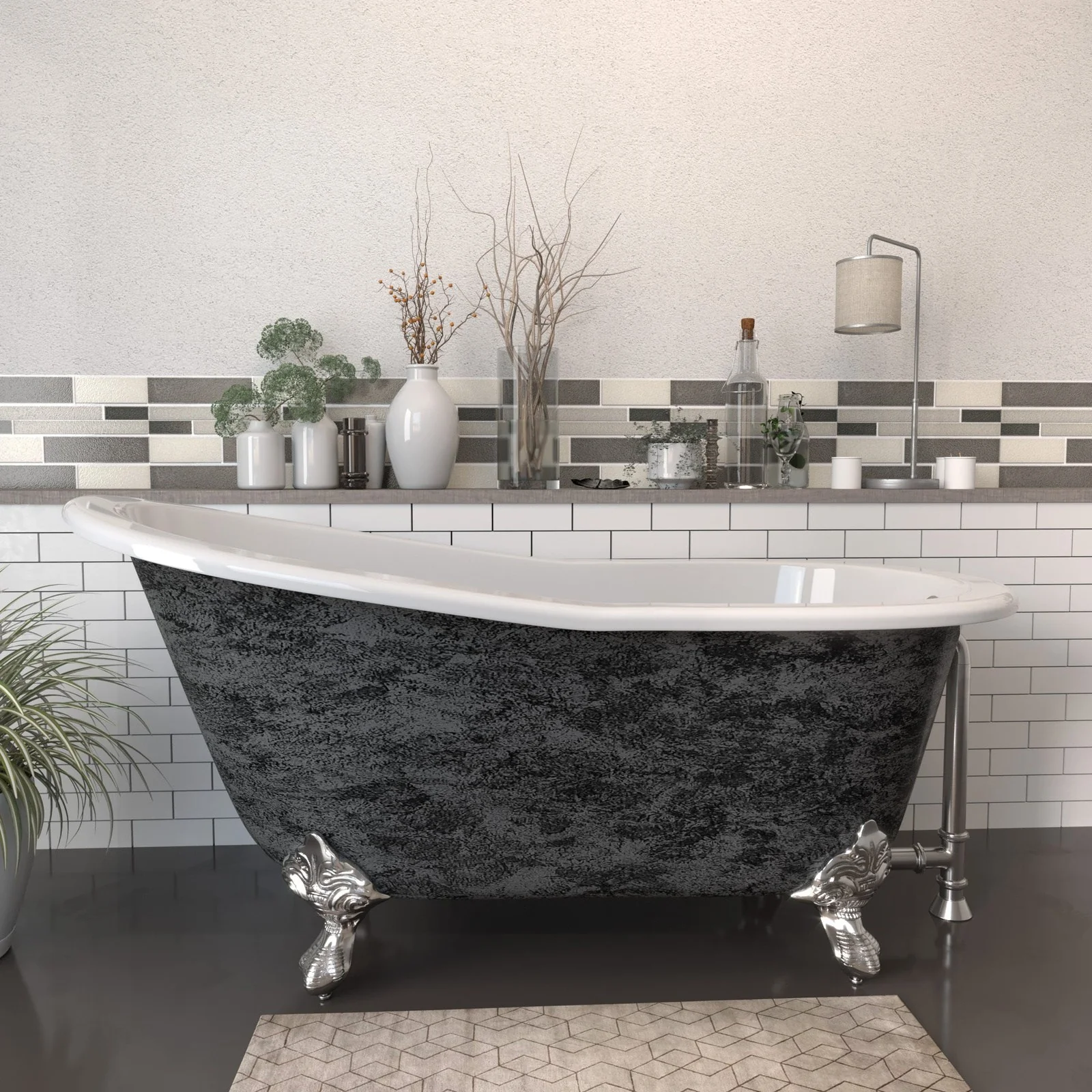 Cambridge Plumbing Scorched Platinum 61” x 30” Cast Iron Slipper Bathtub with” No Faucet Holes and Brushed Nickel Feet ST61-NH-BN-SP