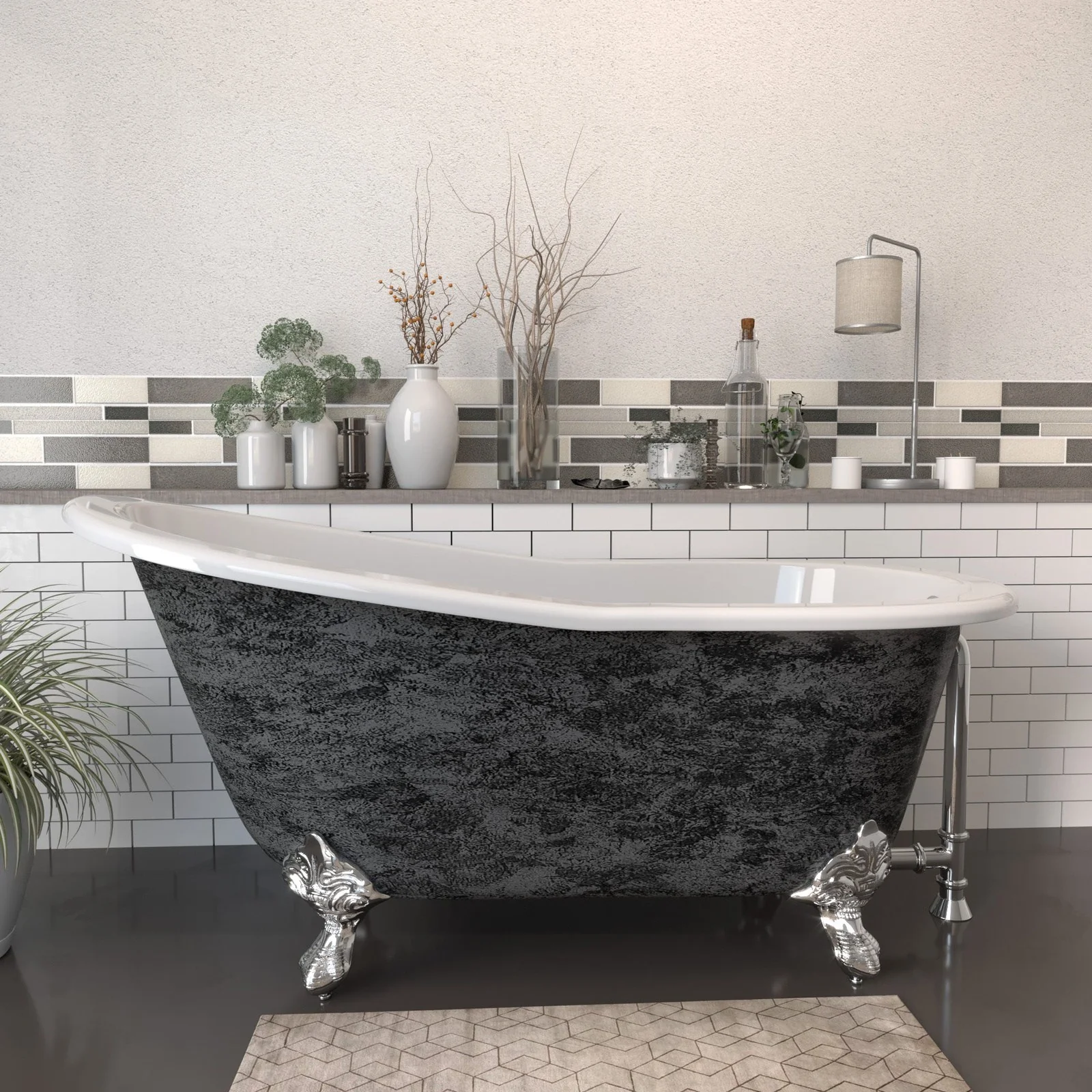 Cambridge Plumbing Scorched Platinum 61” x 30” Cast Iron Slipper Bathtub with” No Faucet Holes and Polished Chrome Ball and Claw Feet ST61-NH-CP-SP