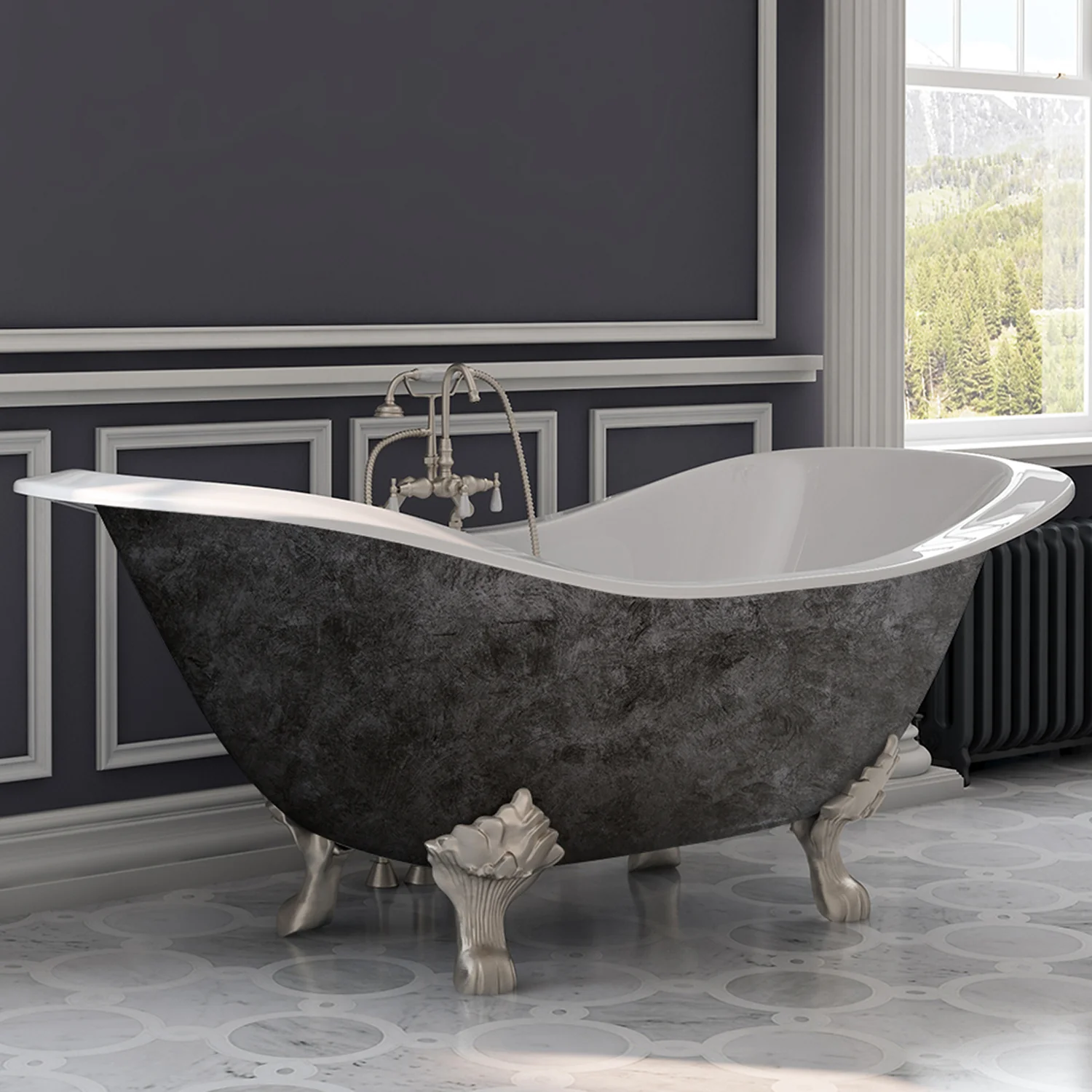 Cambridge Plumbing Scorched Platinum 71” Cast Iron Double Slipper Tub, Brushed Nickel Lion’s Paw Feet, 7 Inch Deck Mount Faucet Holes DES-DH-BN-SP - Image 2