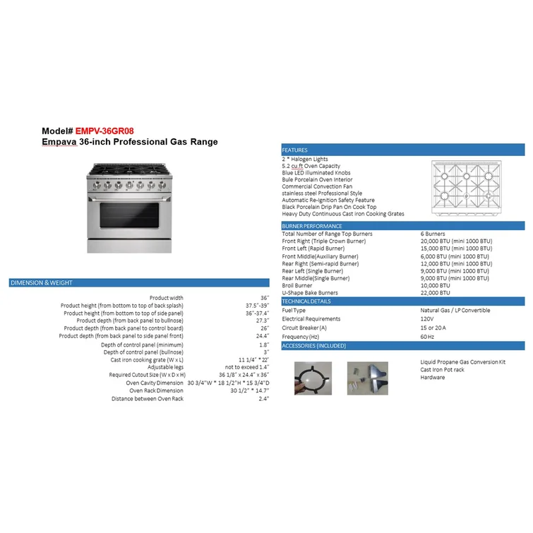 Empava 36 inch Pro-Style Slide-In Single Oven Gas Range EMPV-36GR08 - Image 5
