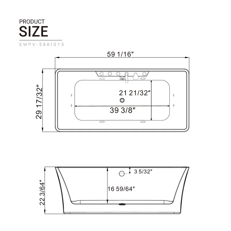 Empava 59 inch Whirlpool Freestanding Acrylic Bathtub - EMPV-59AIS15 - Image 4