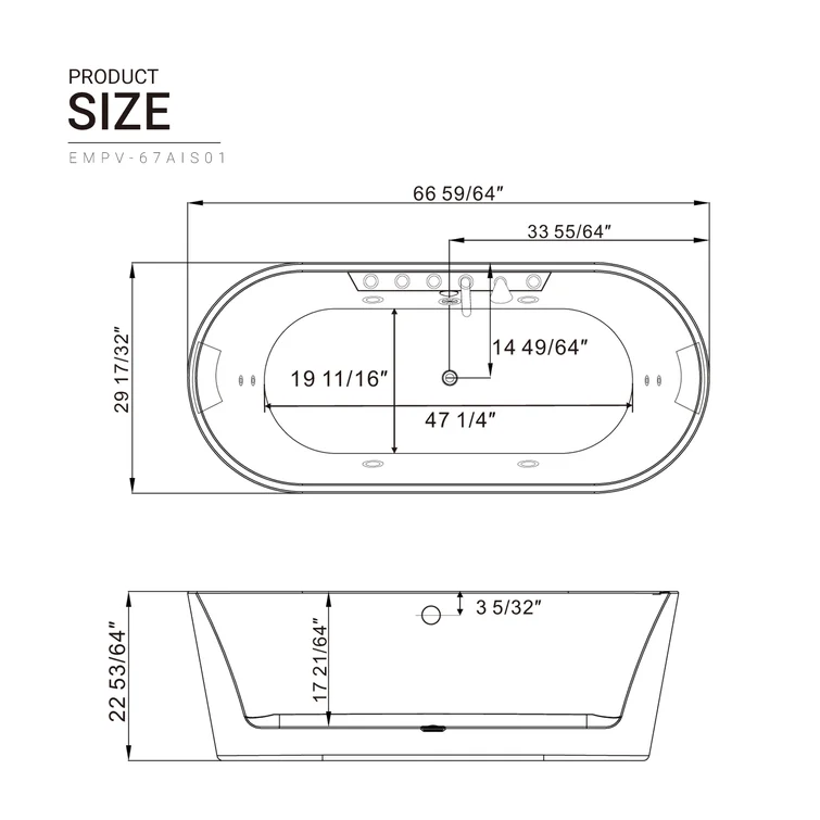 Empava 67 inch Whirlpool Acrylic Freestanding Bathtub - EMPV-67AIS01 - Image 4