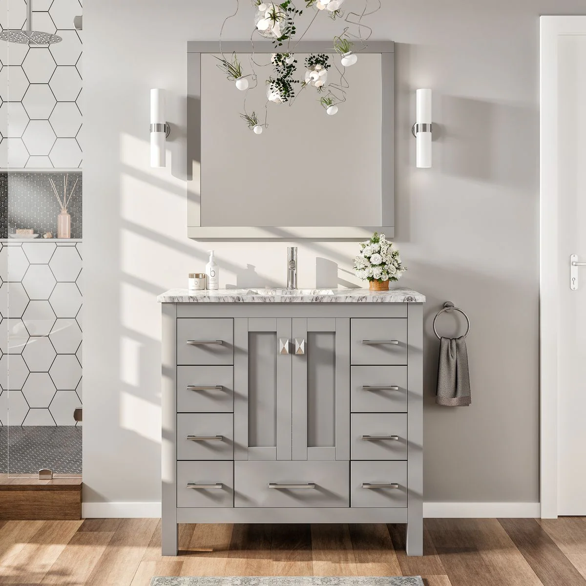 Eviva Hampton 36" x 18" Transitional Bathroom Vanity with White Carrara Countertop and Undermount Porcelain Sink - Image 9